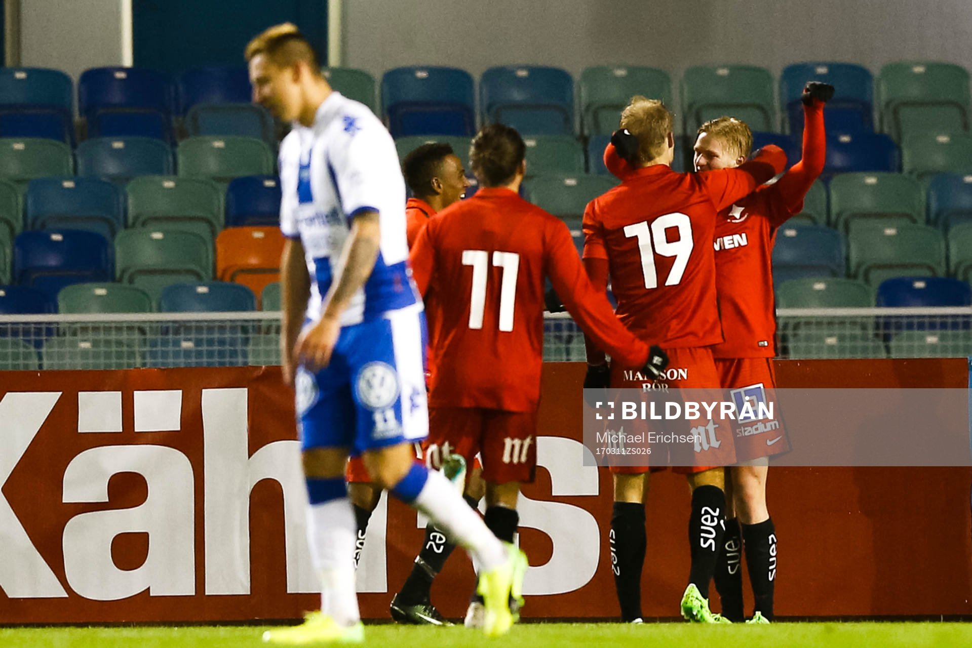 Norrköpings spelare jublar efter 0-1 av Karl Holmberg under kvartsfinalen i Svenska Cupen mellan IFK Göteborg och Norrköping den 11 mars 2017 i Göteborg.