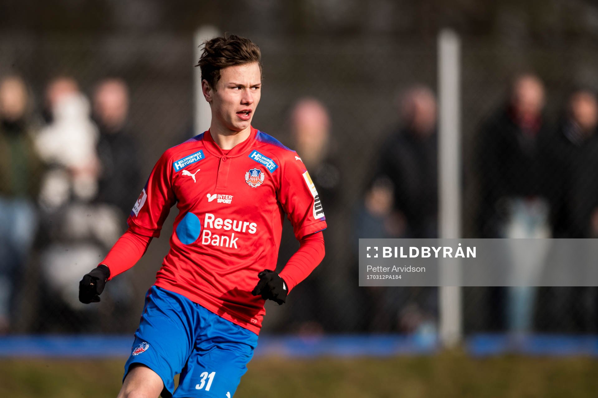 Helsingborgs Alex Timossi Andersson under en träningsmatch i fotboll mellan Helsingborg och Kristianstad den 12 mars 2017 i Helsingborg.