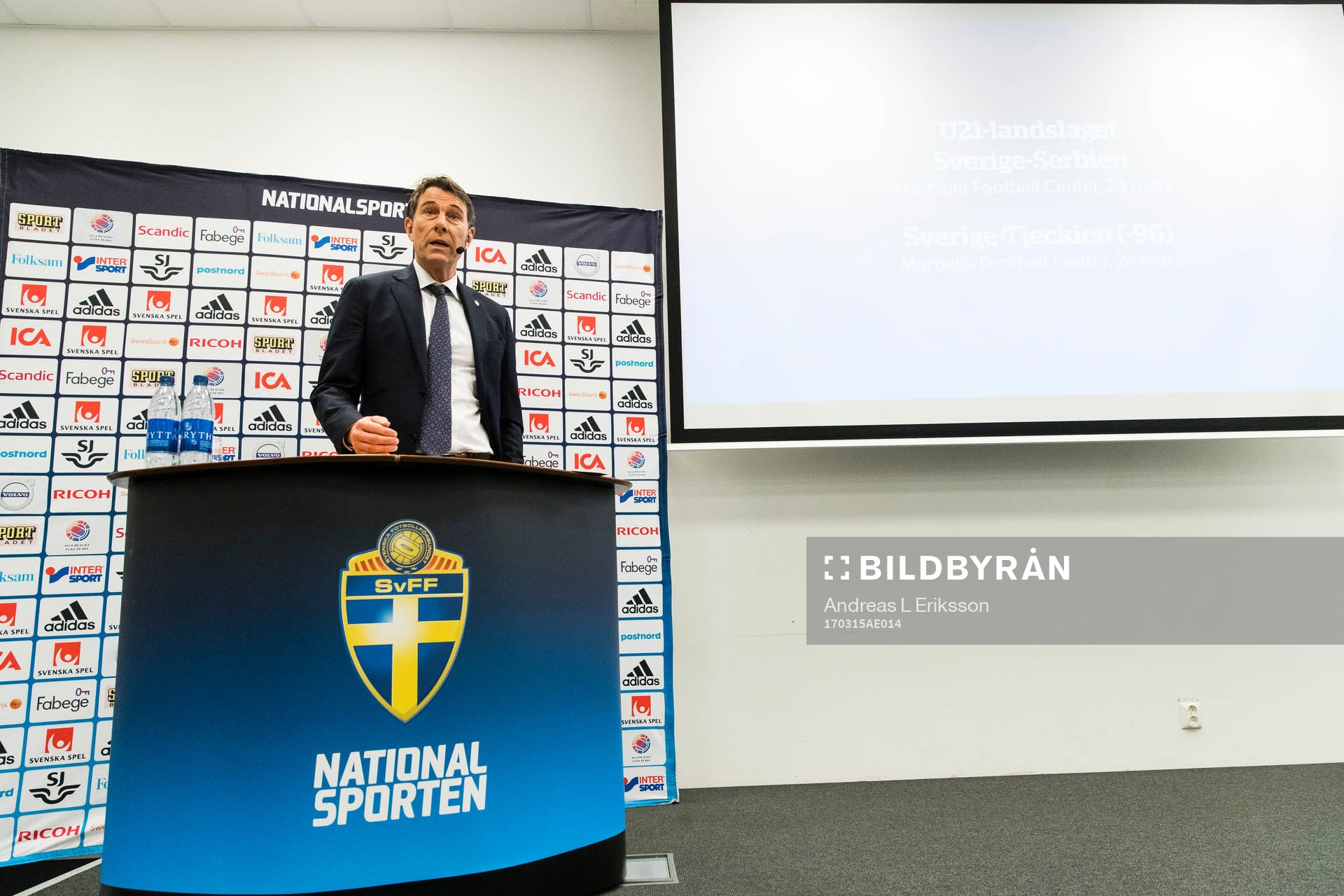 Sveriges förbundskapten U21, Håkan Ericson, under en presskonferens anordnad av Svenska Fotbollsförbundet den 15 mars 2017 i Stockholm.