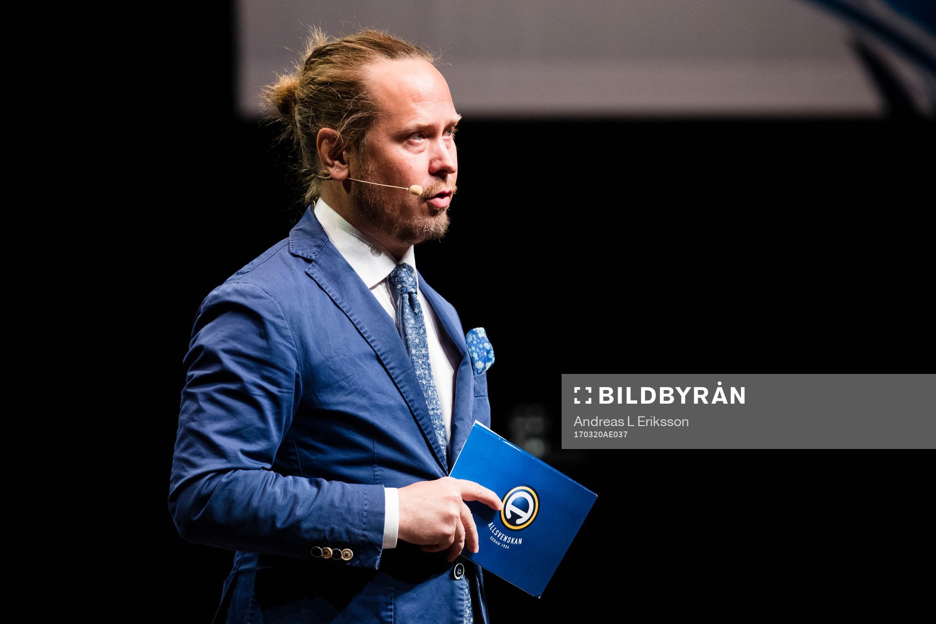 Konferencier Jesper Hussfelt under upptaktsträffen för Allsvenskan i fotboll den 20 mars 2017 i Uppsala. 