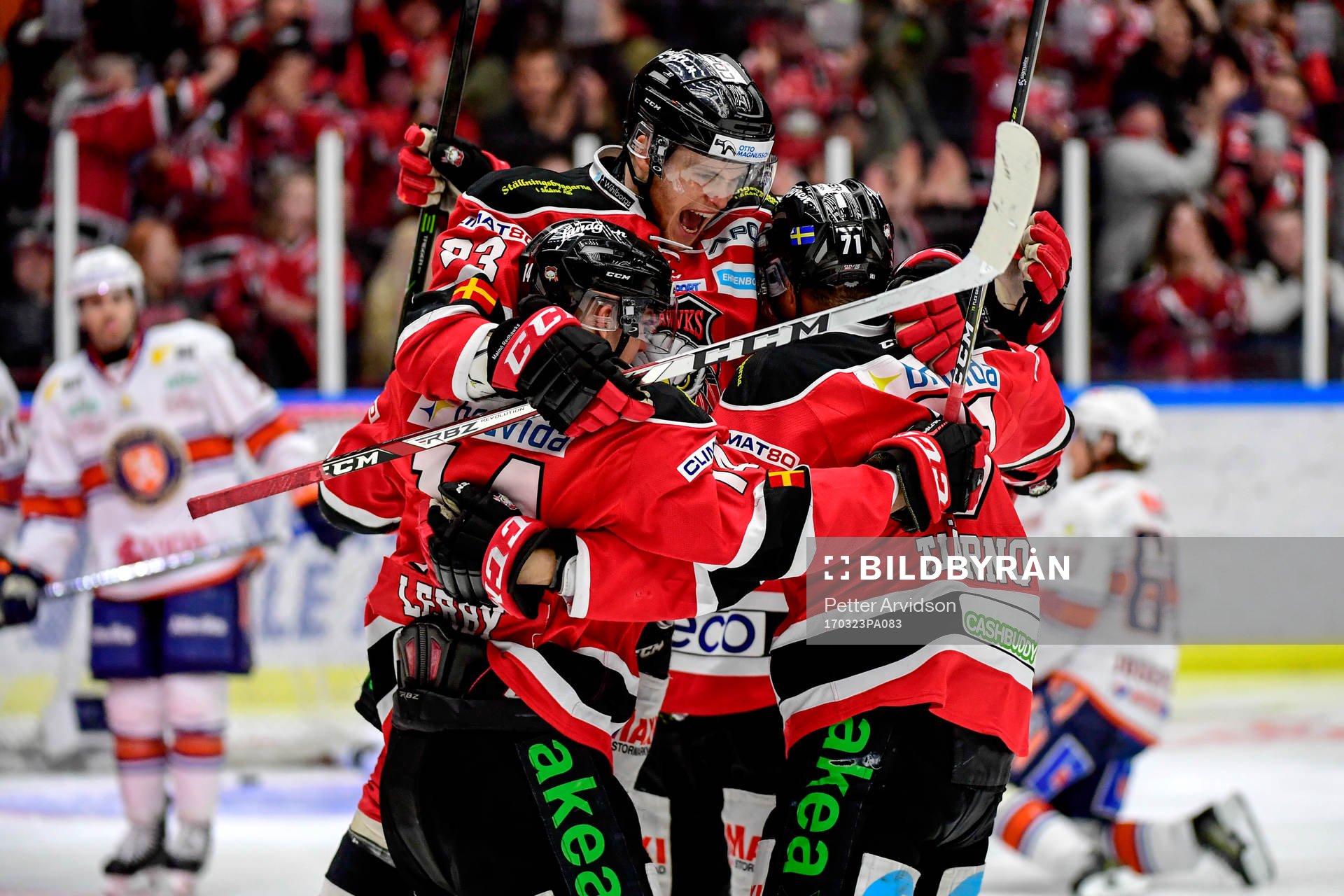 Malmö Redhawks Mathias Tjärnqvist jublar med lagkamrater