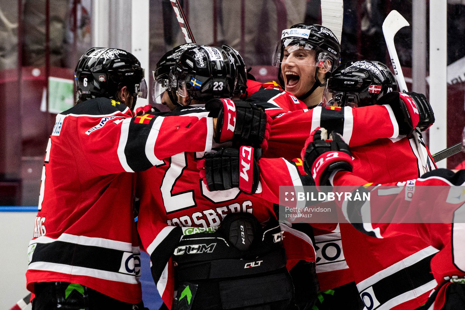 Malmö Redhawks spelare med Robin Alvarez (m) jublar