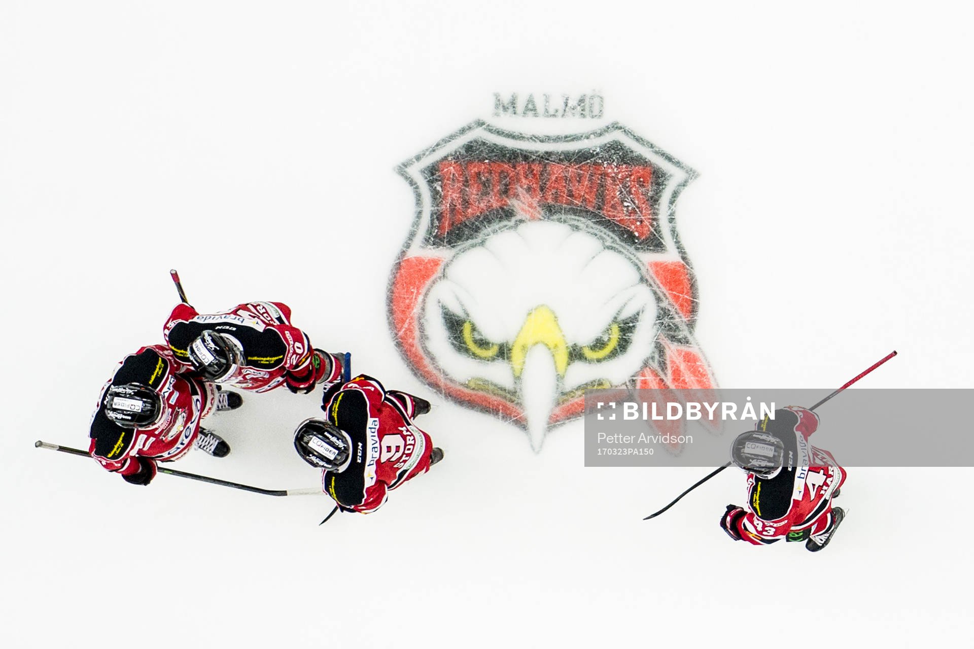 Malmö Redhawks spelare samlas bredvid Malmö Redhawks