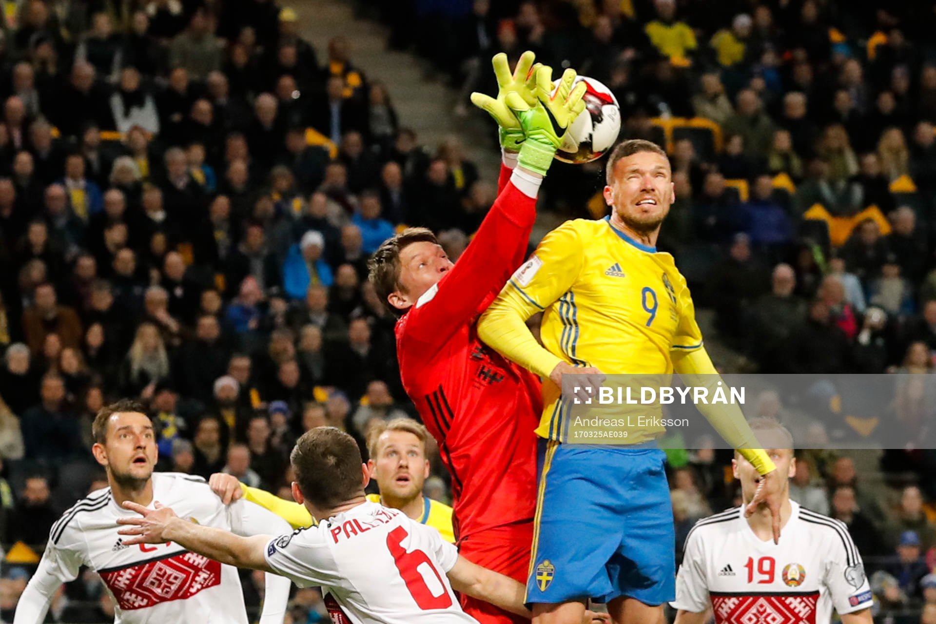 Sveriges Marcus Berg i luftduell med Belarus målvakt