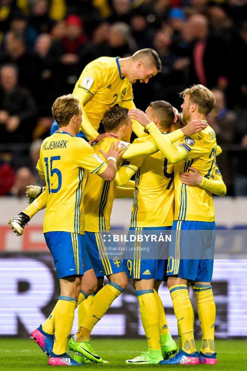 Sveriges Mikael Lustig hoppar upp och jublar med Emil
