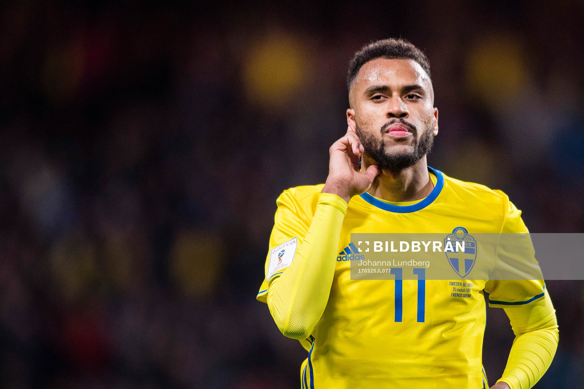 Sveriges Isaac Kiese Thelin jublar efter att han har gjort 4-0 under fotbollsmatchen i VM-kvalet mellan Sverige och Belarus den 25 mars 2017 i Stockholm.