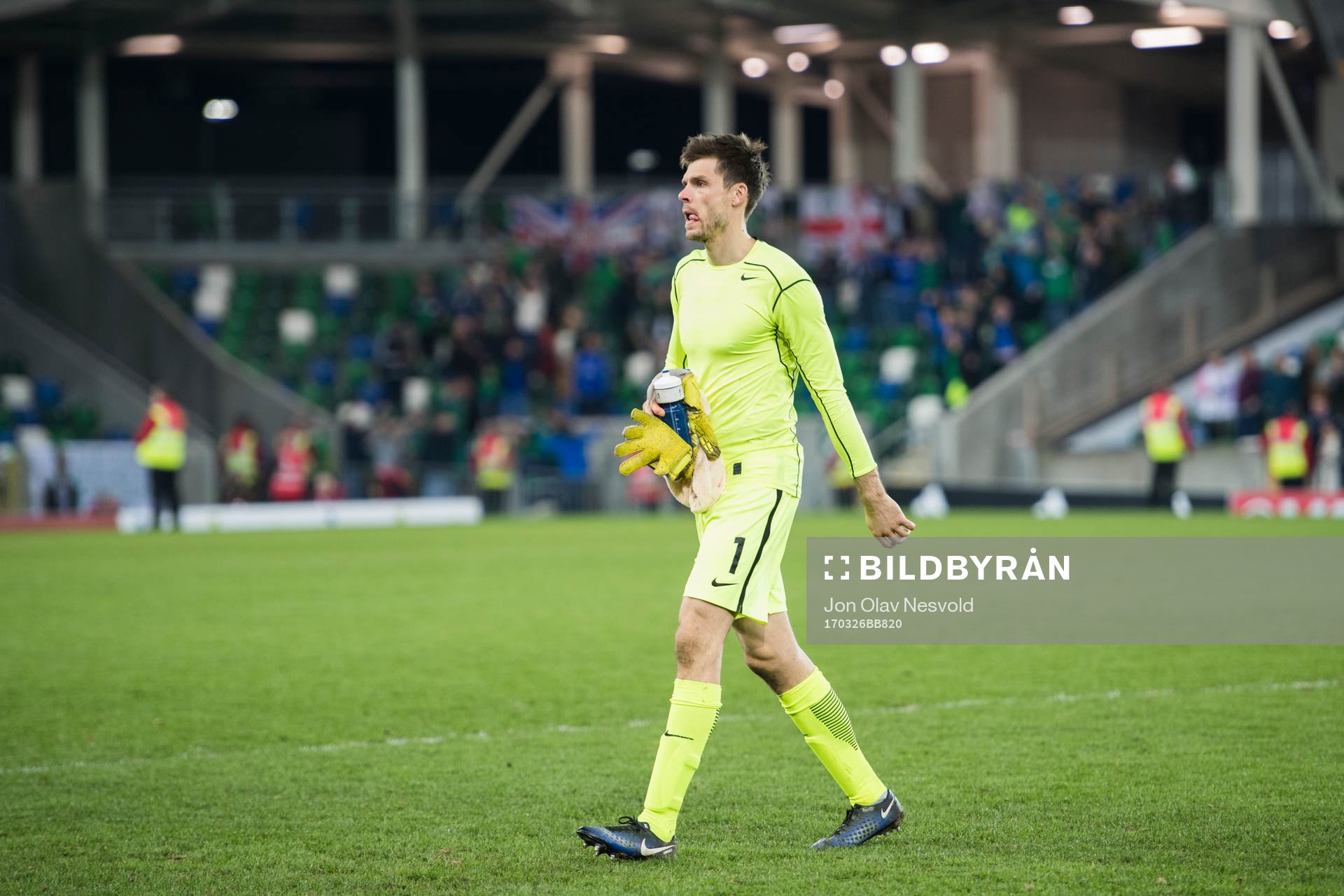 Norges keeper Rune Almenning Jarstein efter fotbollsmatchen i VM-kvalet mellan Nordirland och Norge den 26 mars 2017 i Belfast.
