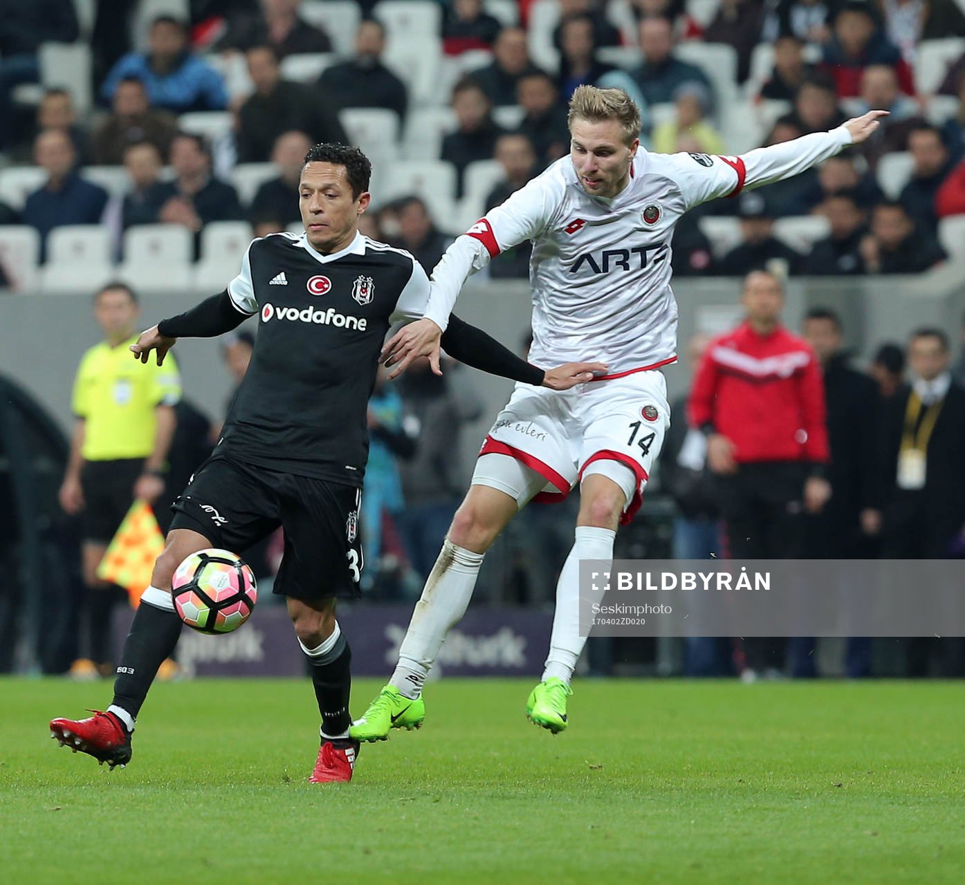 Genclerbirligi Player Jonathan Ring and Besiktas Player Adriano during the Turkey superlig match between Besiktas and Genclerbirligi at Vodafone Arena in Istanbul , Turkey on April 02 , 2017.