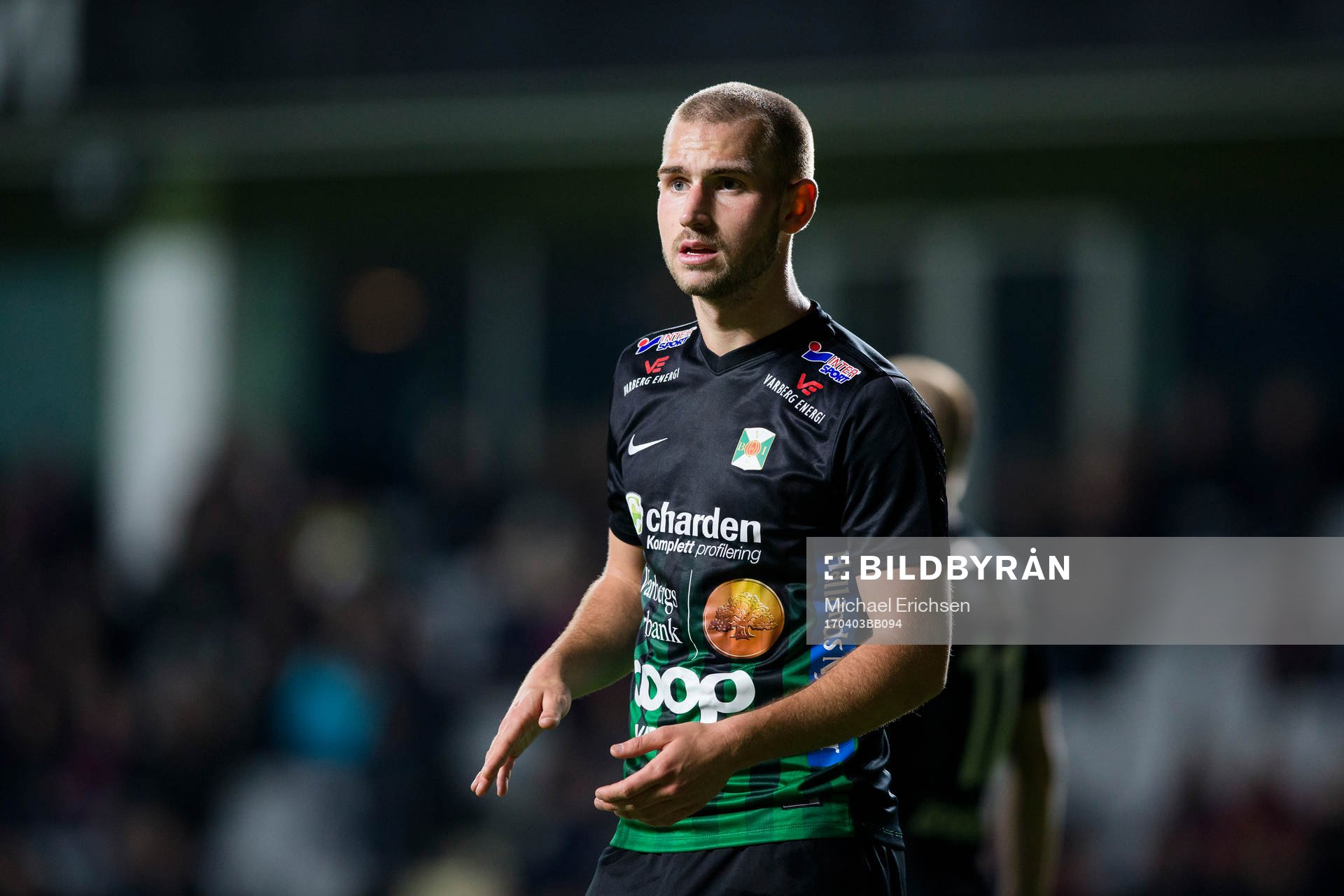 Varbergs Sebastian Starke Hedlund under fotbollsmatchen i Superettan mellan Örgryte och Varberg den 3 april 2017 i Göteborg.