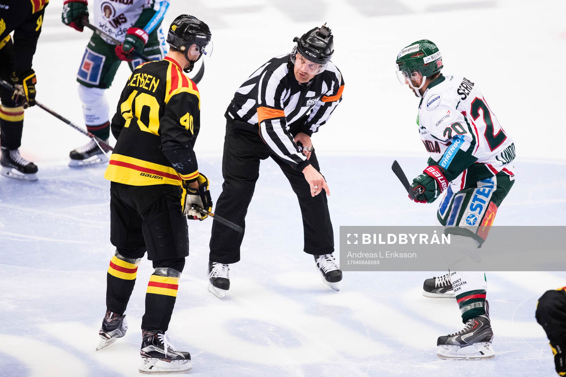 Domare Mikael Nord talar med Brynäs Jesper Jensen och