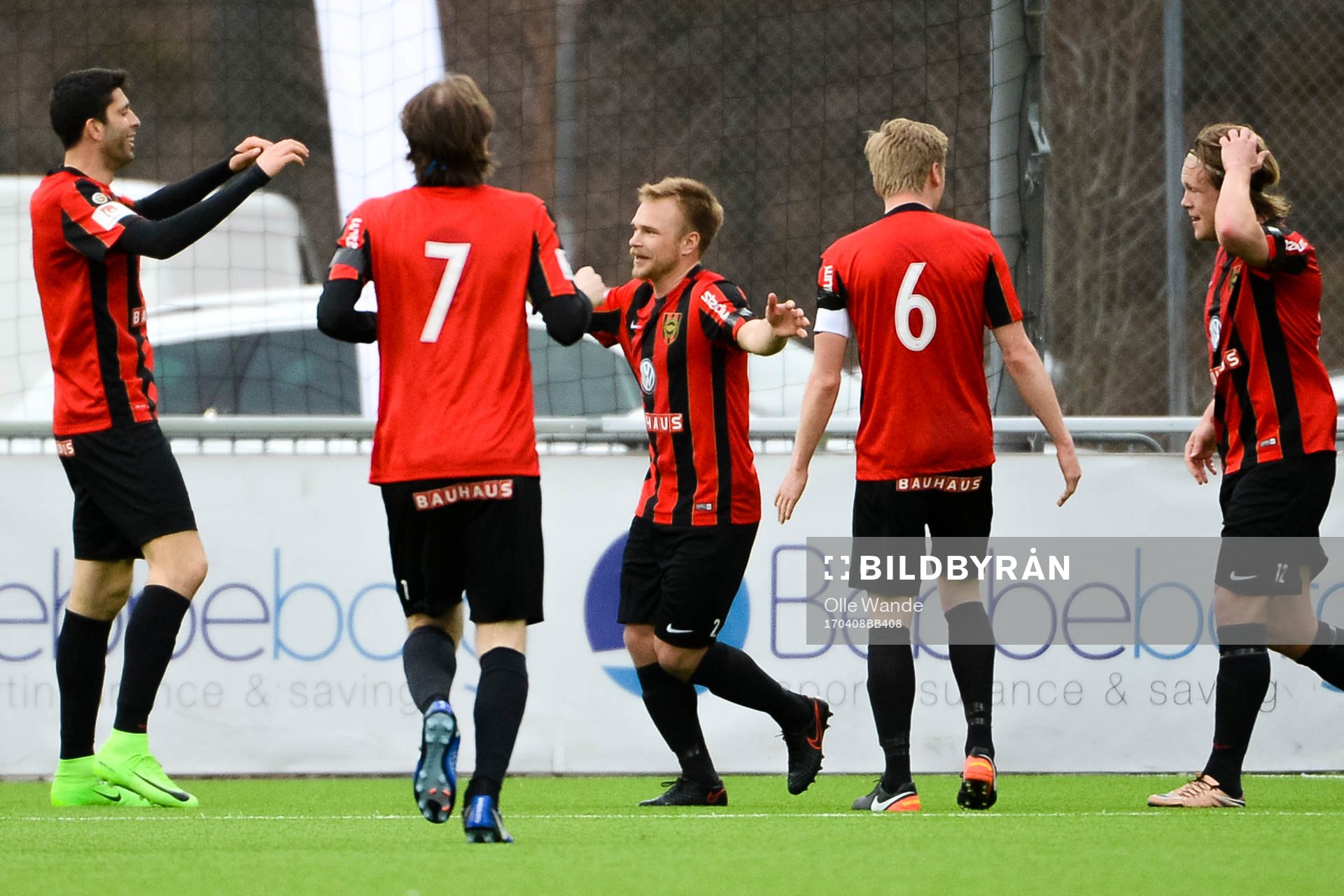 Brommapojkarnas Christopher Brandeborn jublar efter 1-0 under fotbollsmatchen i Superettan mellan Brommapojkarna och Örgryte den 8 april 2017 i Stockholm.
