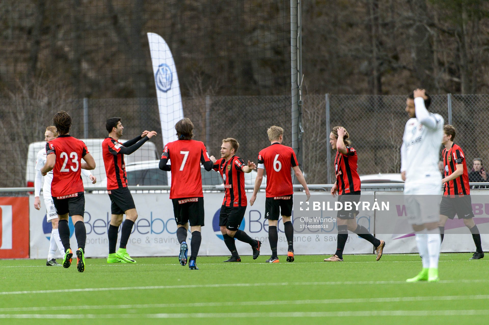 Brommapojkarnas Christopher Brandeborn jublar efter att hemmalaget gjort 1-0 under fotbollsmatchen i Superettan mellan Brommapojkarna och Örgryte den 8 april 2017 i Stockholm.