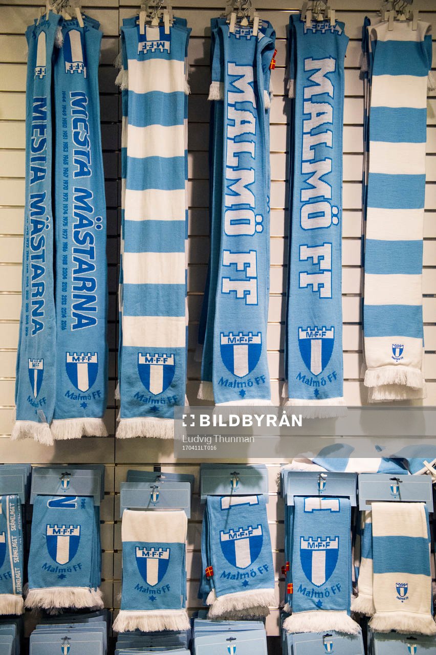 Halsdukar i Malmö FFs shop inför fotbollsmatchen i Allsvenskan mellan Malmö FF och GIF Sundsvall den 11 mars 2017 i Malmö.