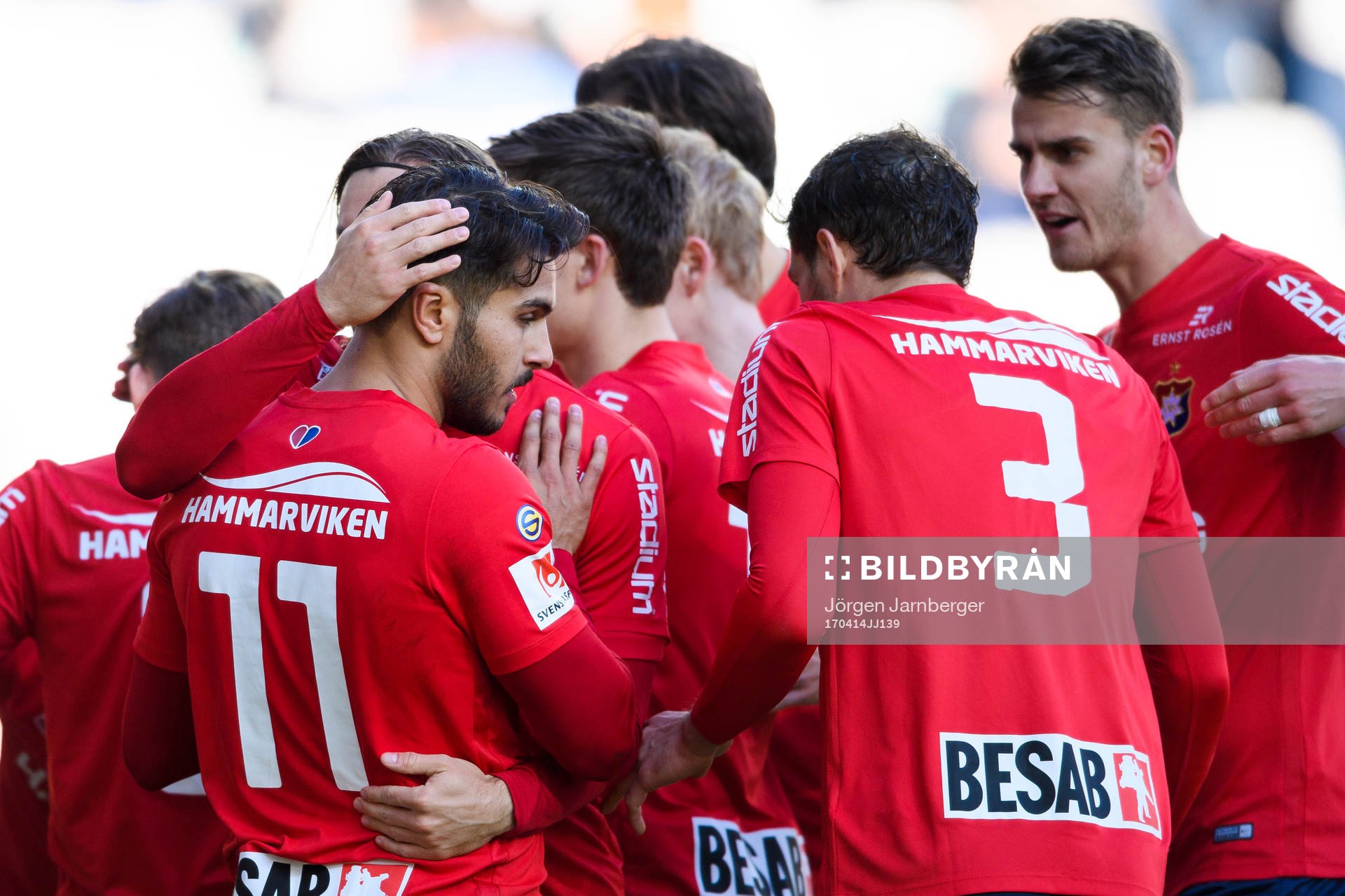Örgrytes spelare jublar efter att William Atashkadeh (vänster i bild) gjort mål under fotbollsmatchen i Superettan mellan Örgryte och Åtvidaberg den 14 april 2017 i Göteborg.