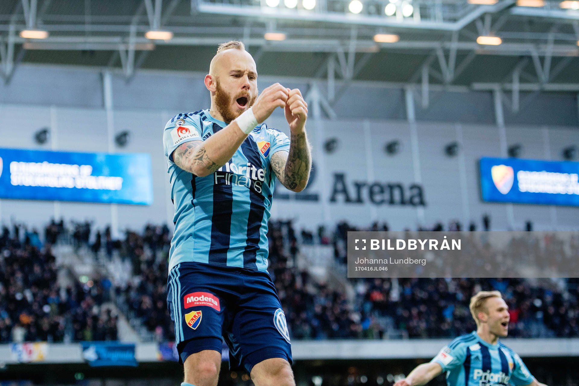 Djurgårdens Magnus Eriksson jublar efter att han har gjort 3-0 under fotbollsmatchen i Allsvenskan mellan Djurgården och Elfsborg den 16 april 2017 i Stockholm.