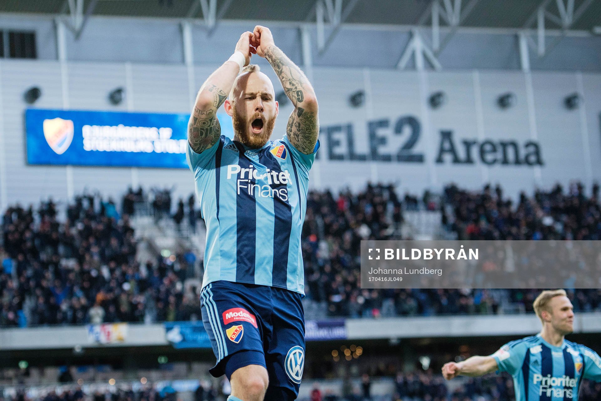 Djurgårdens Magnus Eriksson jublar efter att han har gjort 3-0 under fotbollsmatchen i Allsvenskan mellan Djurgården och Elfsborg den 16 april 2017 i Stockholm.