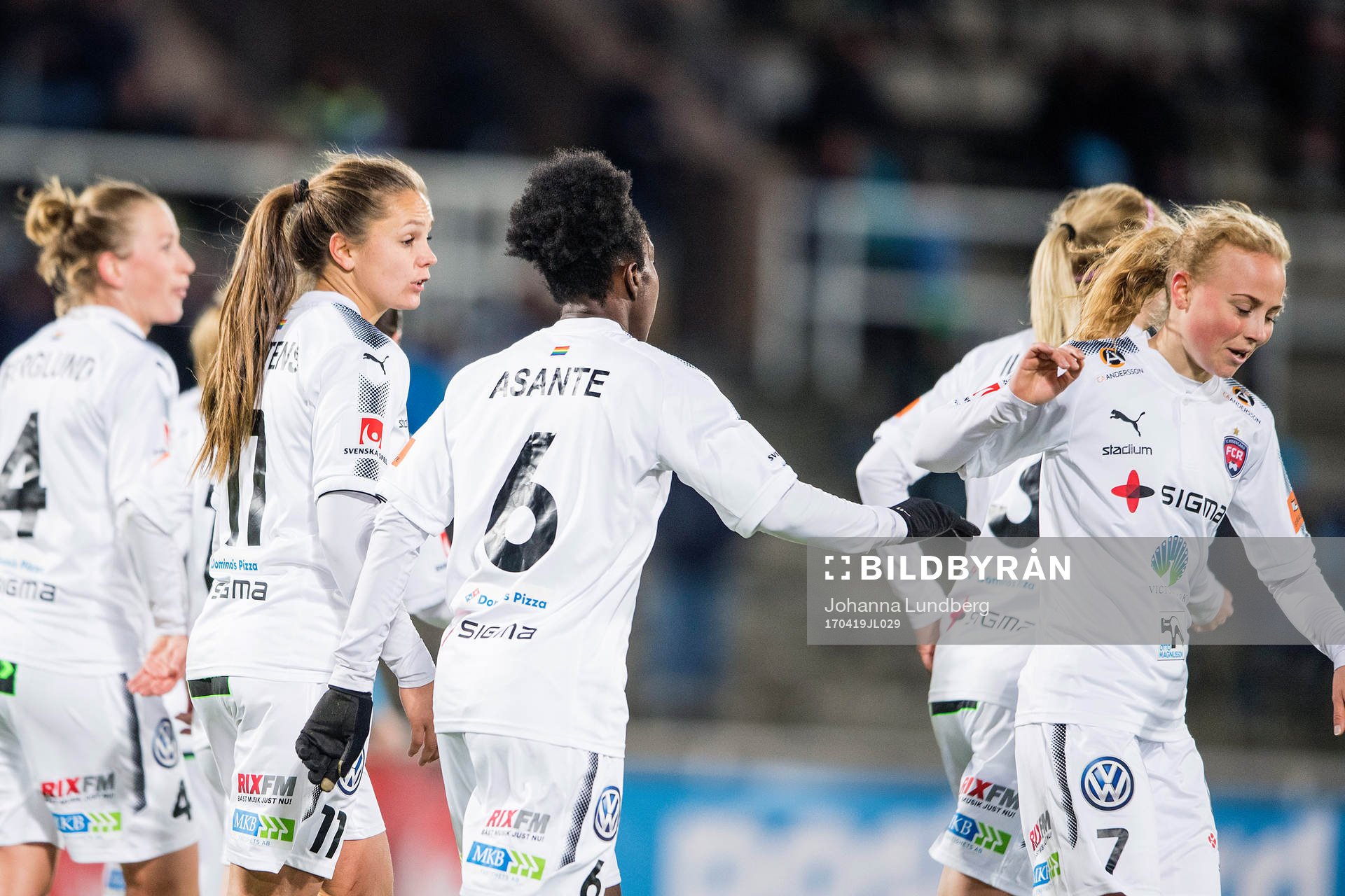 Rosengårds Emma Berglund, Lieke Martens, Anita Asante och Ebba Wieder jublar efter 1-3 under fotbollsmatchen i Damallsvenskan mellan Djurgården och Rosengård den 19 april 2017 i Stockholm.