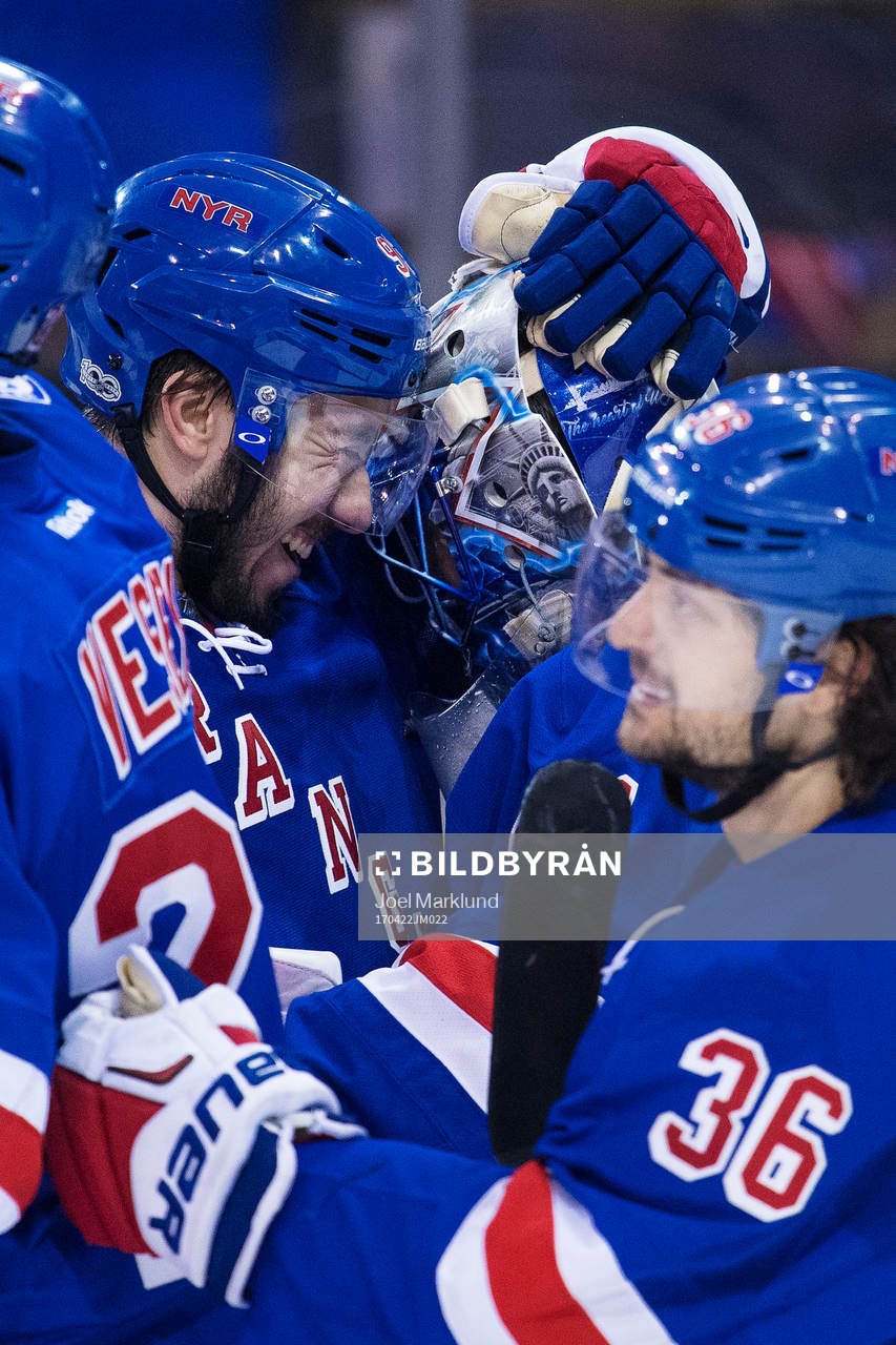 Rangers Mika Zibanejad, målvakt Henrik Lundqvist och Mats