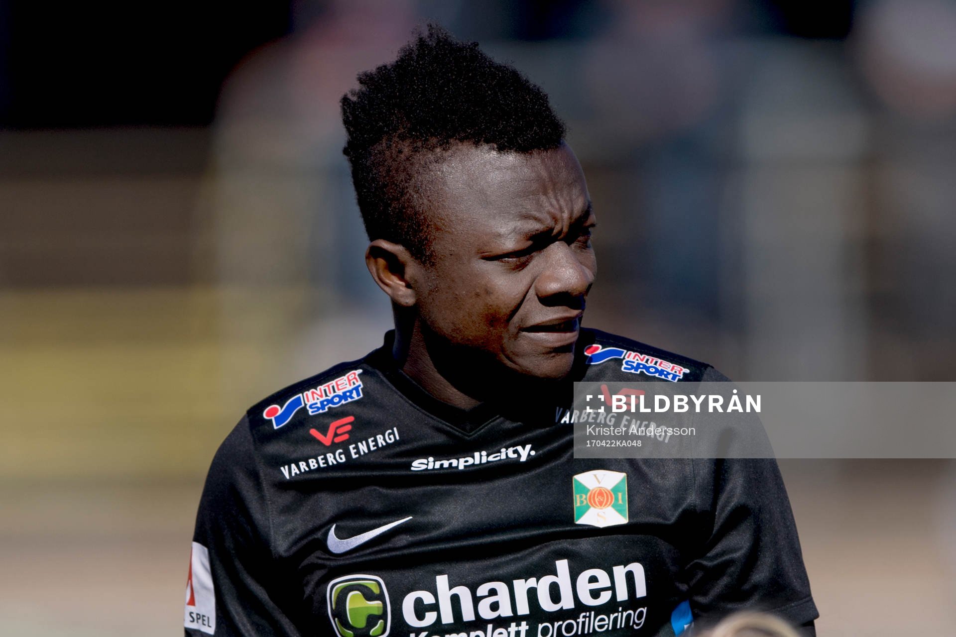 Varbergs Thomas Boakye före fotbollsmatchen i Superettan