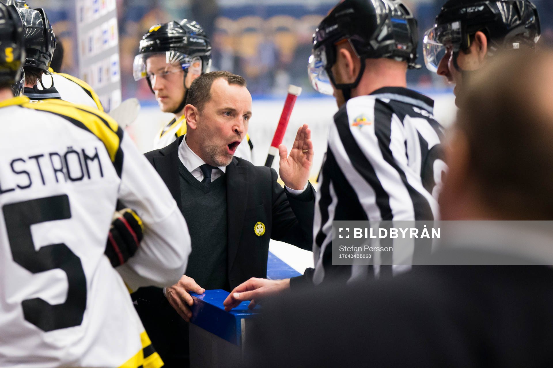 Brynäs tränare Thomas Berglund skäller på domaren