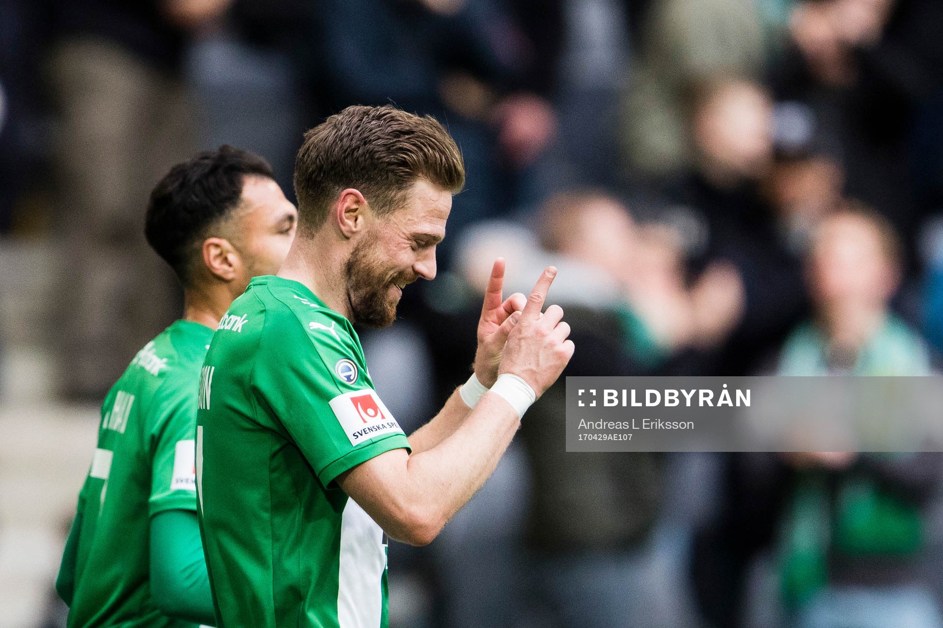 Hammarbys Arnór Smárason jublar under fotbollsmatchen i Allsvenskan mellan Hammarby och AFC Eskilstuna den 29 april 2017 i Stockholm.