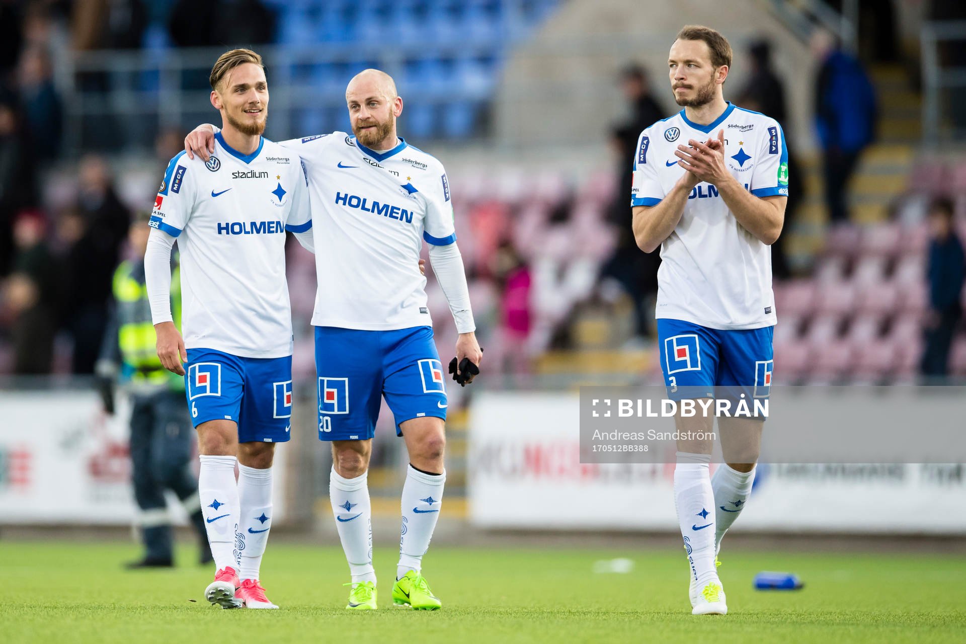 Norrköpings Linus Wahlqvist (v), Daniel Sjölund (m) och Jon Gudni Fjoluson (h) efter fotbollsmatchen i Allsvenskan mellan AFC Eskilstuna och Norrköping den 12 Maj 2017 i Eskilstuna.