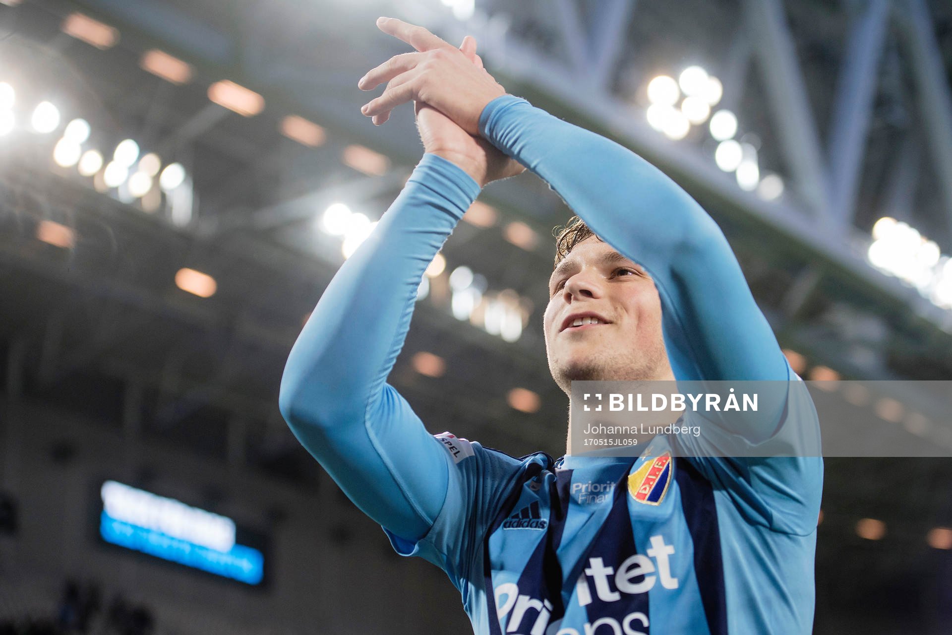 Djurgårdens Jesper Karlström jublar efter fotbollsmatchen i Allsvenskan mellan Djurgården och IFK Göteborg den 15 maj 2017 i Stockholm.