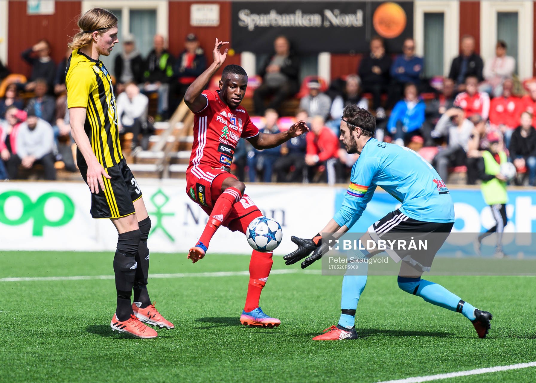 Hudiksvalls målvakt Niclas Larsson plockar upp bollen framför Piteås Moses Duckrell under fotbollsmatchen i Division 2 Norrland mellan Piteå och Hudiksvalls Förenade den 20 Maj 2017 i Piteå.