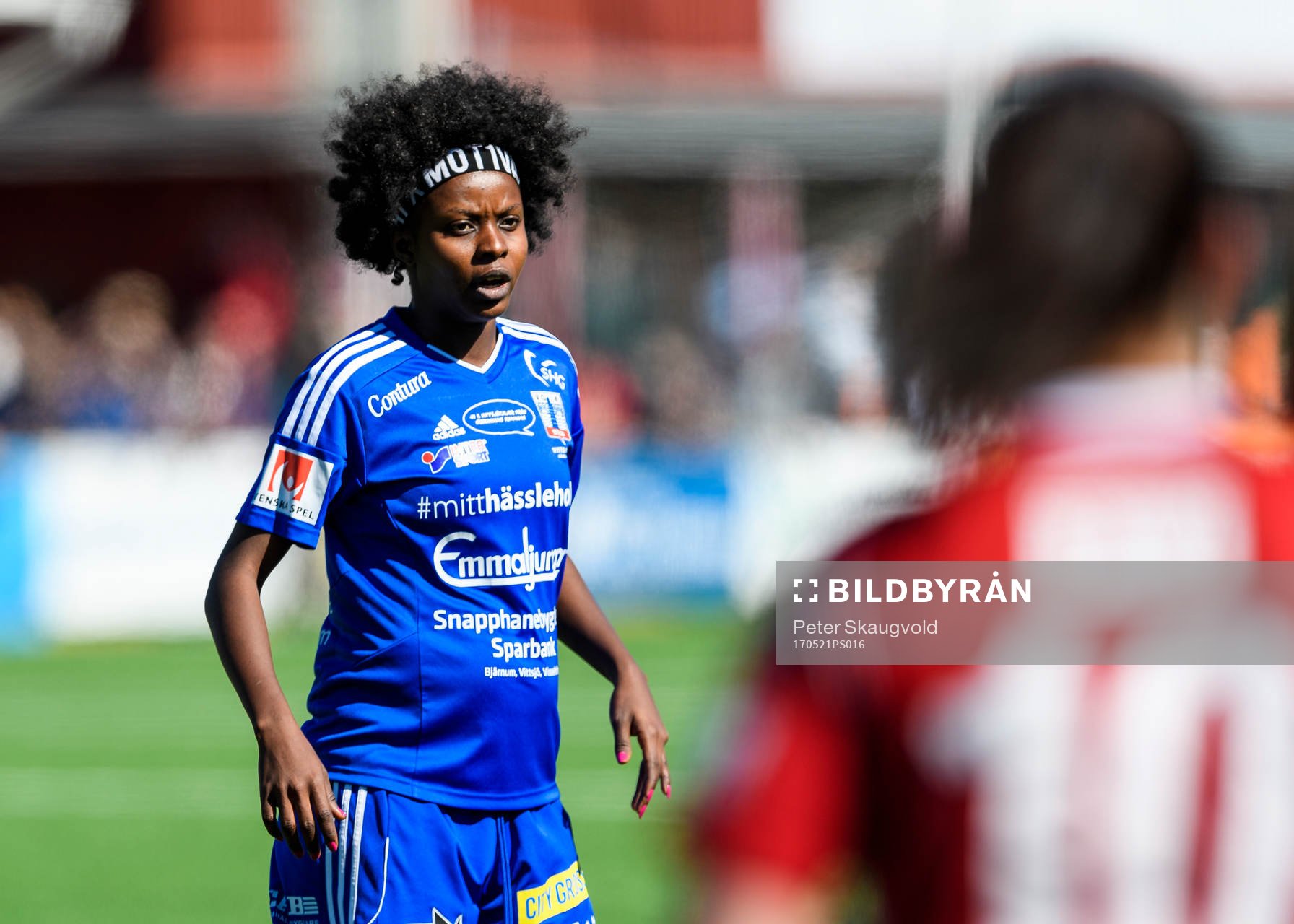 Vittsjös Ngozi Okobi under fotbollsmatchen i Damallsvenskan mellan Piteå och Vittsjö den 21 Maj 2017 i Piteå.