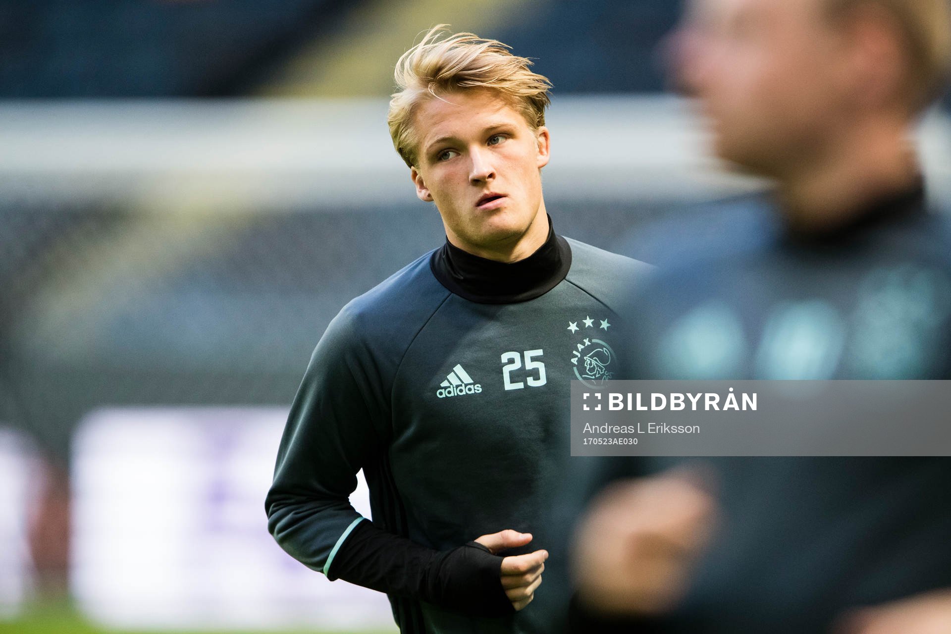 Ajax Kasper Dolberg under en fotbollsträning inför finalen av Europa League den 23 maj 2017 i Stockholm. 