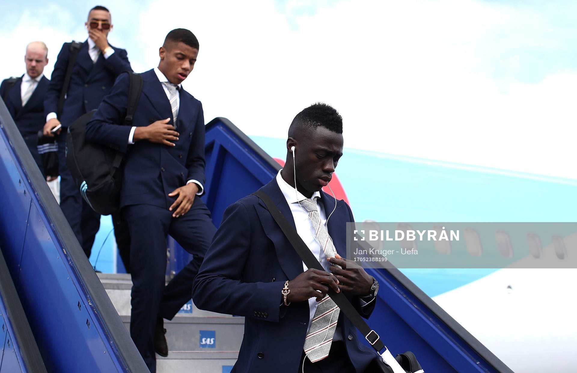 STOCKHOLM, SWEDEN - MAY 23: Davinson Sanchez of Ajax arrives with team mates ahead of the UEFA Europa League Final between Ajax and Manchester United at Friends Arena on May 23, 2017 in Stockholm, Sweden. (