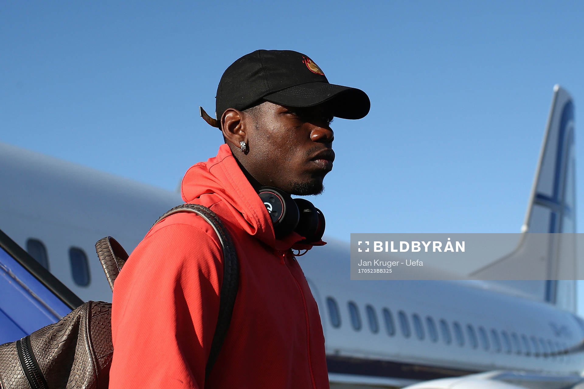 STOCKHOLM, SWEDEN - MAY 23: In this handout image provided by UEFA, Paul Pogba of Manchester United arrives ahead of the UEFA Europa League Final between Ajax and Manchester United at Stockholm Arlanda Airport on May 23, 2017 in Stockholm, Sweden. (