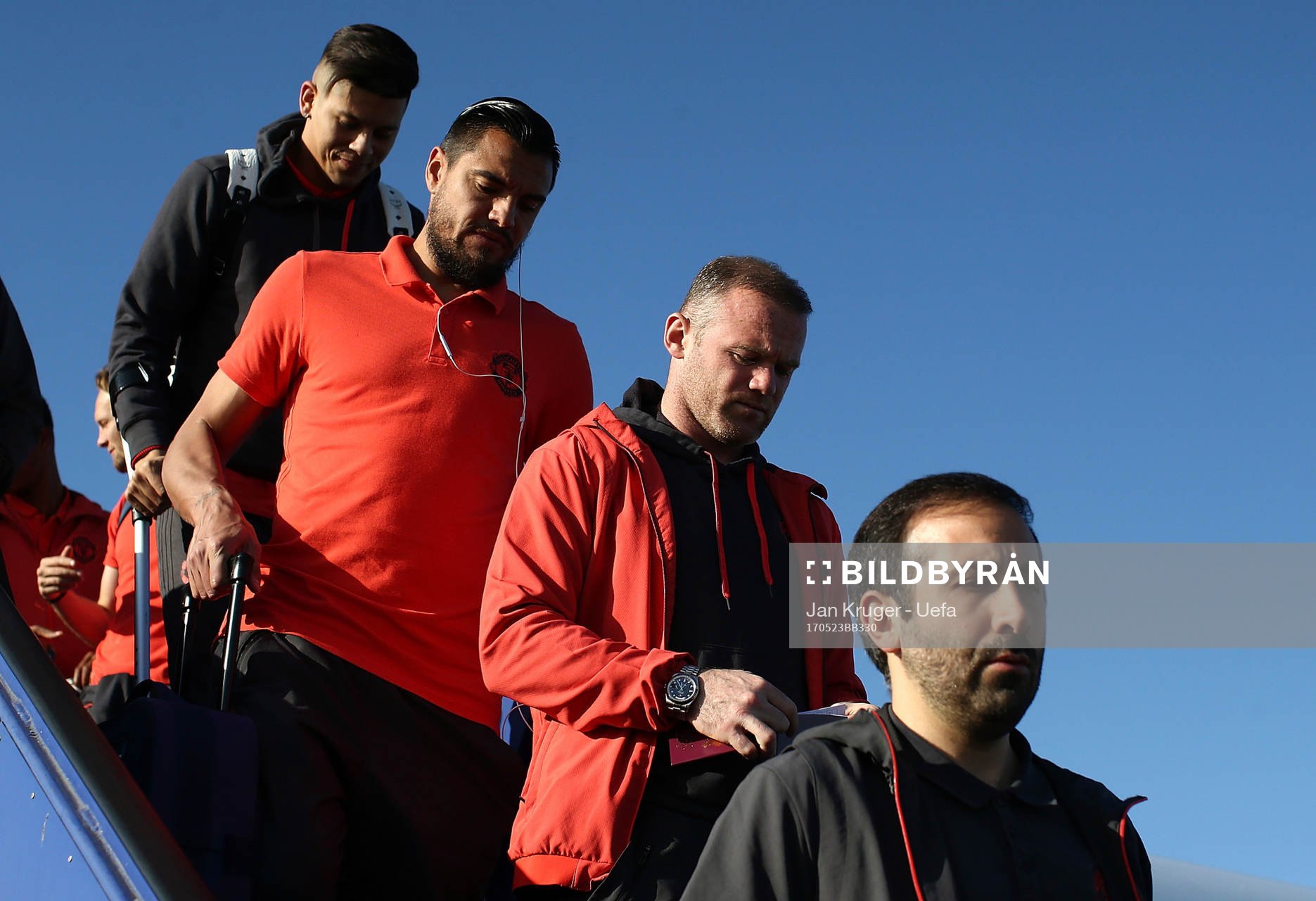 STOCKHOLM, SWEDEN - MAY 23: In this handout image provided by UEFA, Wayne Rooney of Manchester United arrives ahead of the UEFA Europa League Final between Ajax and Manchester United at Stockholm Arlanda Airport on May 23, 2017 in Stockholm, Sweden. (