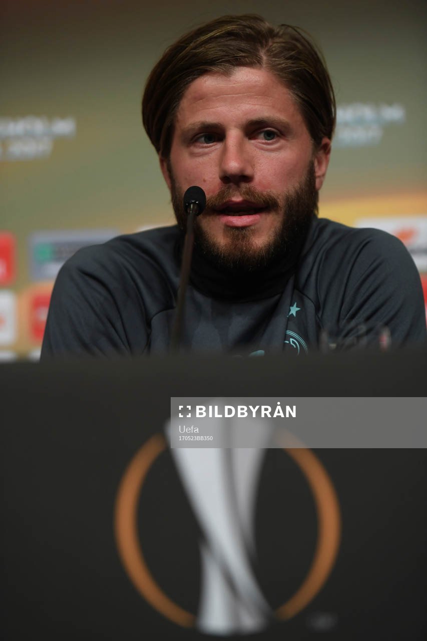Lasse Schˆne of Ajax during a press conference prior to their UEFA Europa League final match against Manchester UnitedI denna handout-bild från UEFA den 23 maj 2017 i Stockholm.