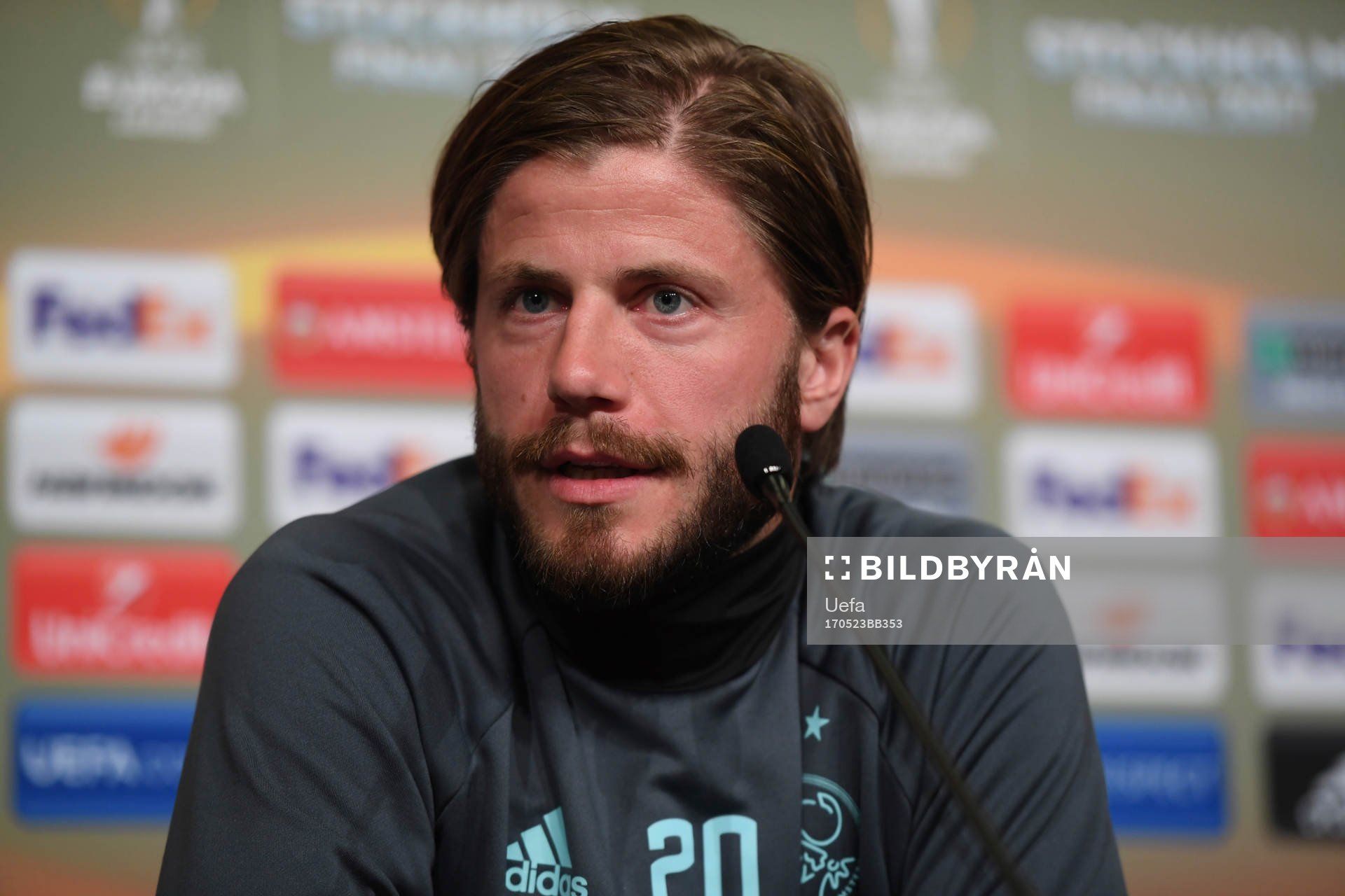 Lasse Schˆne of Ajax during a press conference prior to their UEFA Europa League final match against Manchester UnitedI denna handout-bild från UEFA den 23 maj 2017 i Stockholm.