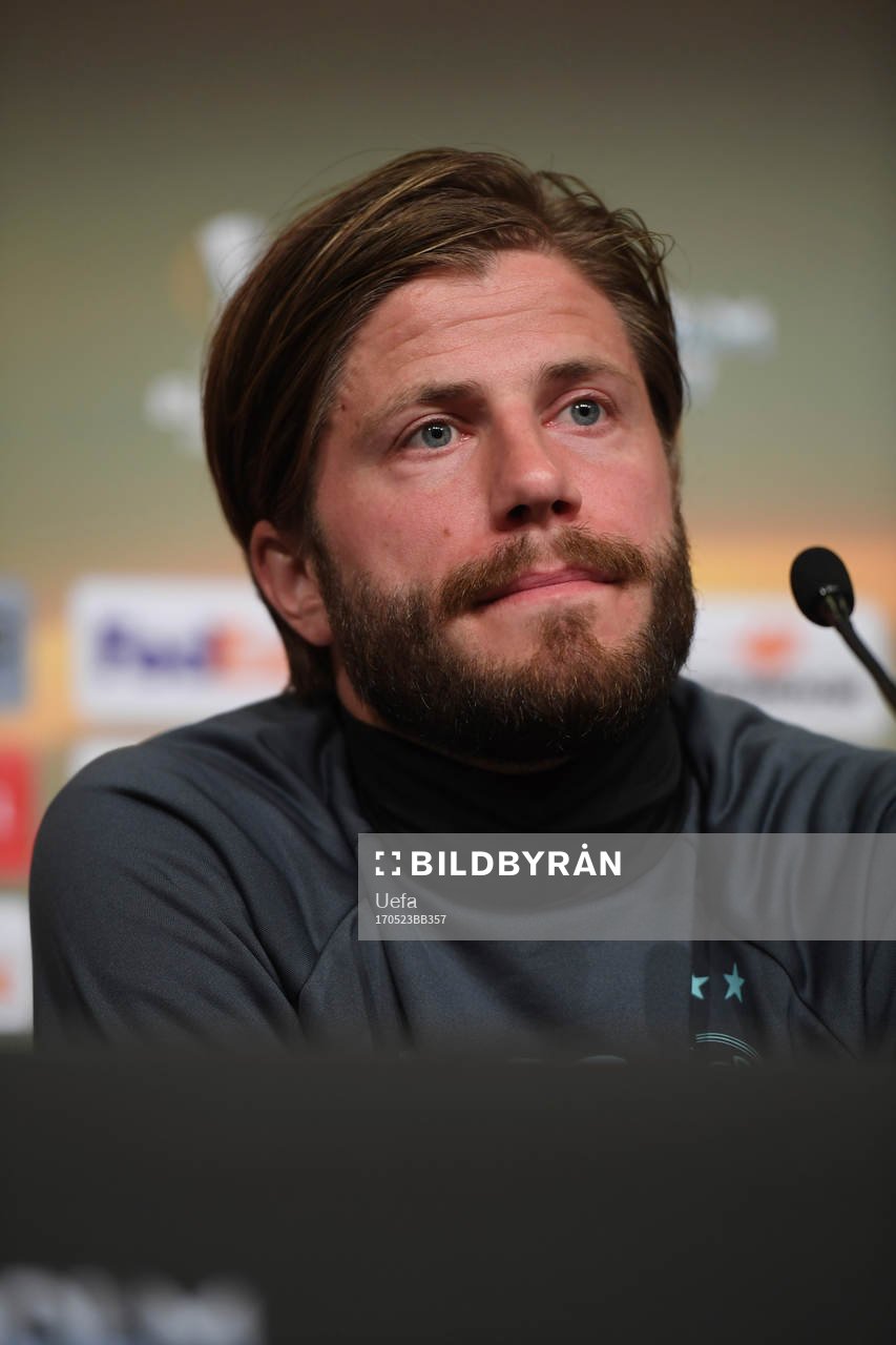Lasse Schˆne of Ajax during a press conference prior to their UEFA Europa League final match against Manchester UnitedI denna handout-bild från UEFA den 23 maj 2017 i Stockholm.