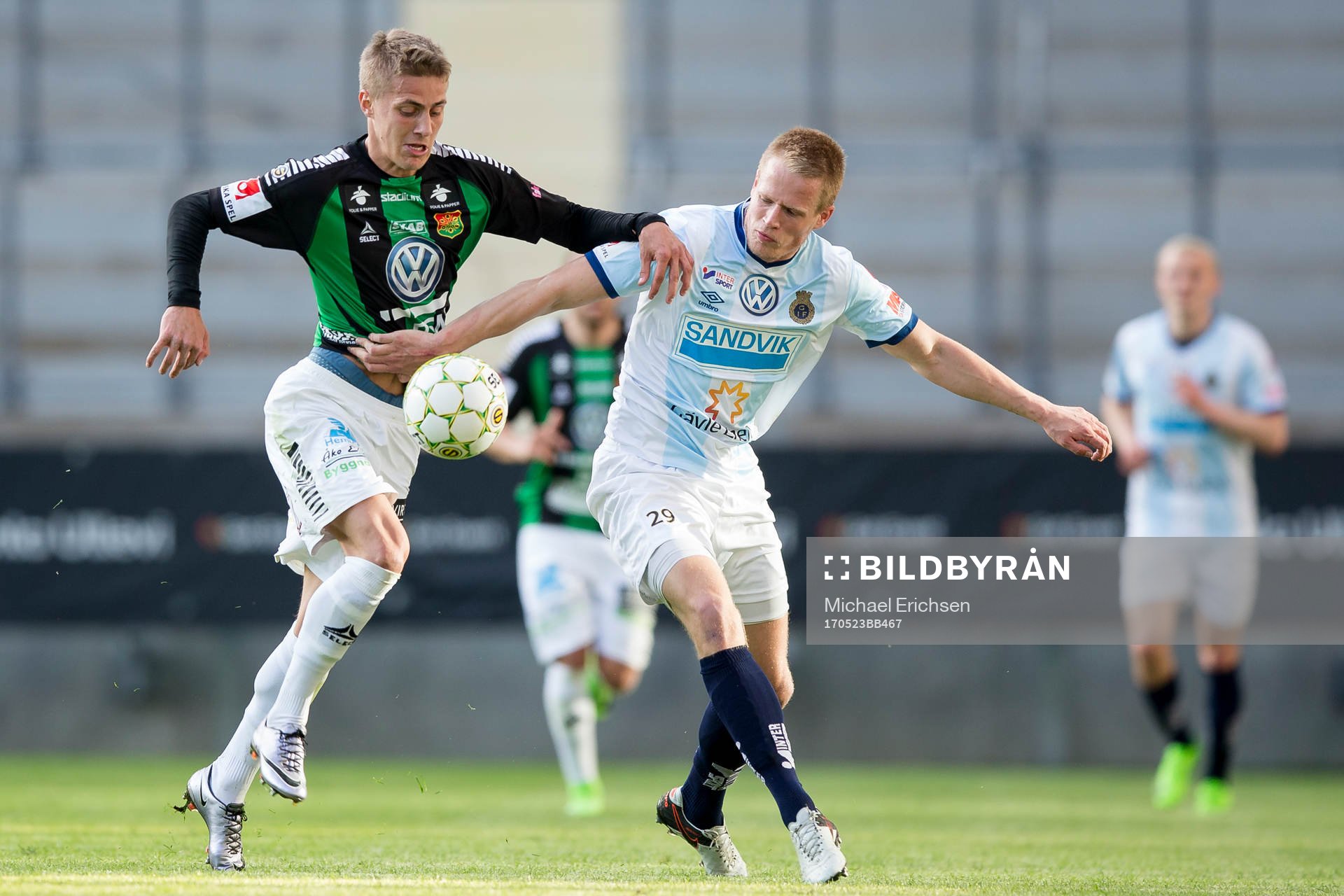 GAIS Erik Westermark i kamp med Gefles Martin Rauschenberg Brorsen under fotbollsmatchen i Superettan mellan GAIS och Gefle den 23 maj 2017 i Göteborg.