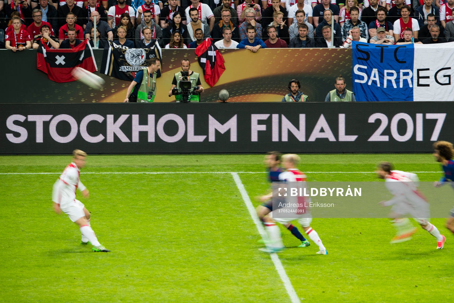 LED-skylt med texten Stockholm Final 2017 under finalen i Europa League mellan Ajax och Manchester United den 24 maj 2017 i Stockholm. 