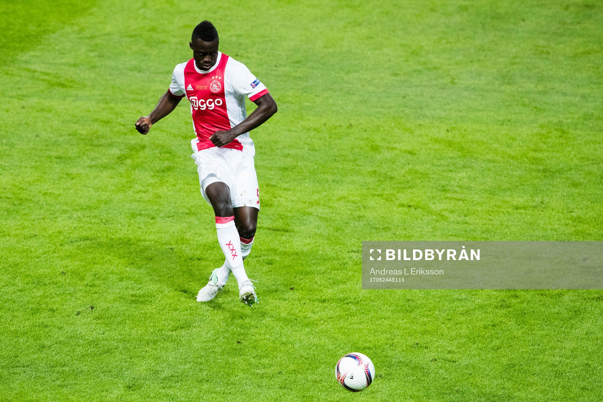 Ajax Davinson Sánchez under finalen i Europa League mellan Ajax och Manchester United den 24 maj 2017 i Stockholm. 