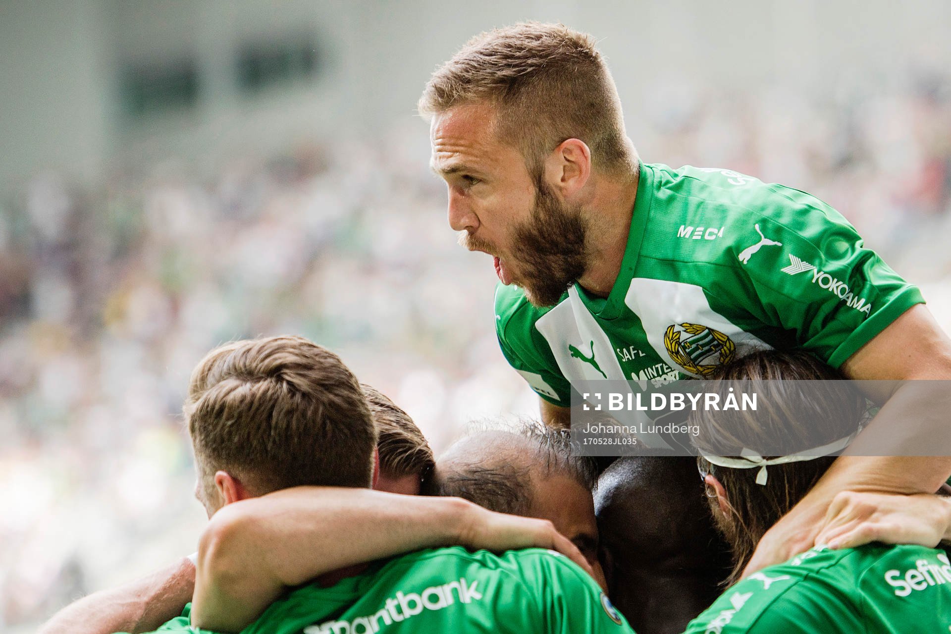 Hammarbys spelare med Mats Solheim överst jublar