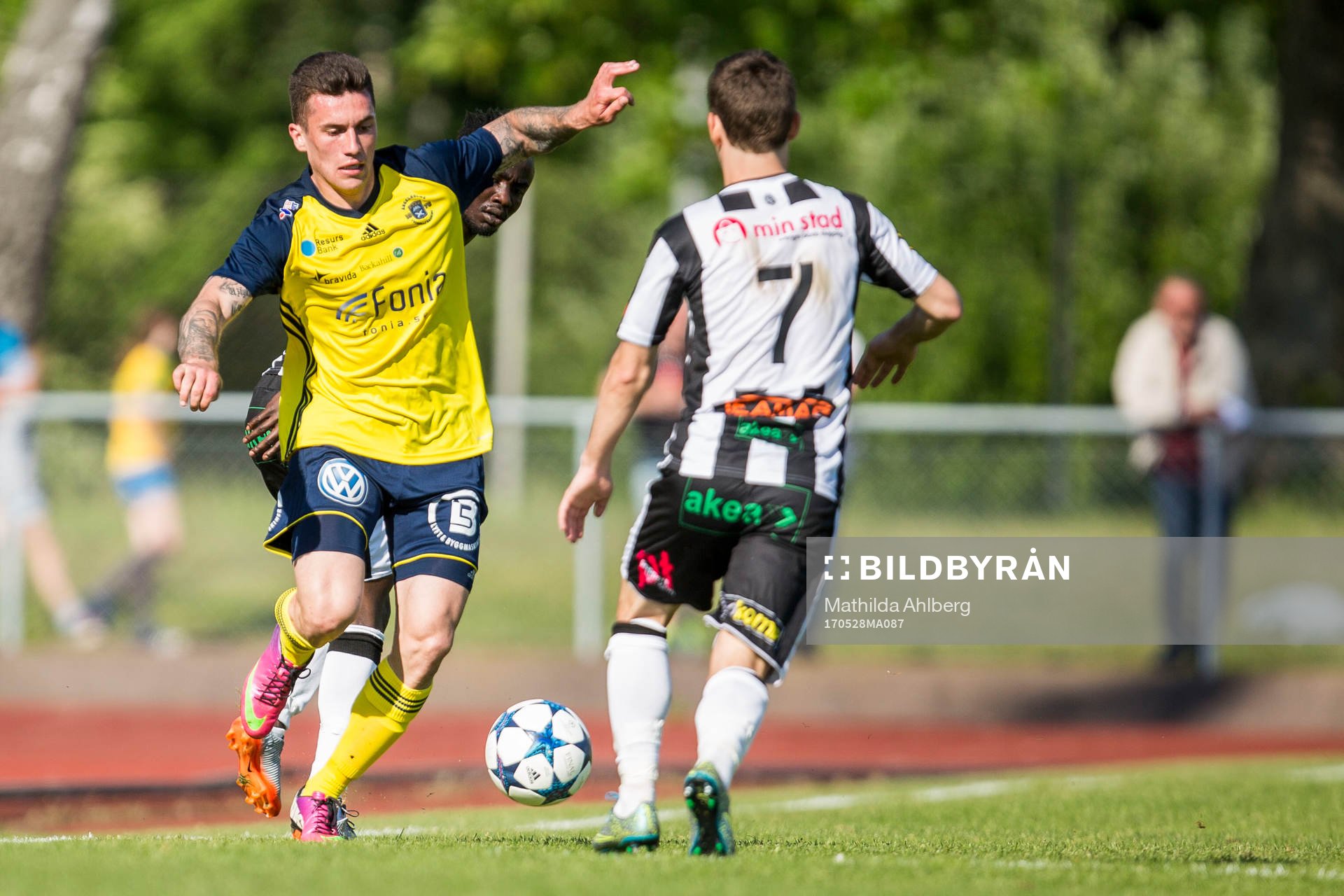 Ängelholms Nemanja Gojacanin under fotbollsmatchen i Division 1 Södra mellan Ängelholm och Landskrona den  28 maj 2017 i Ängelholm.