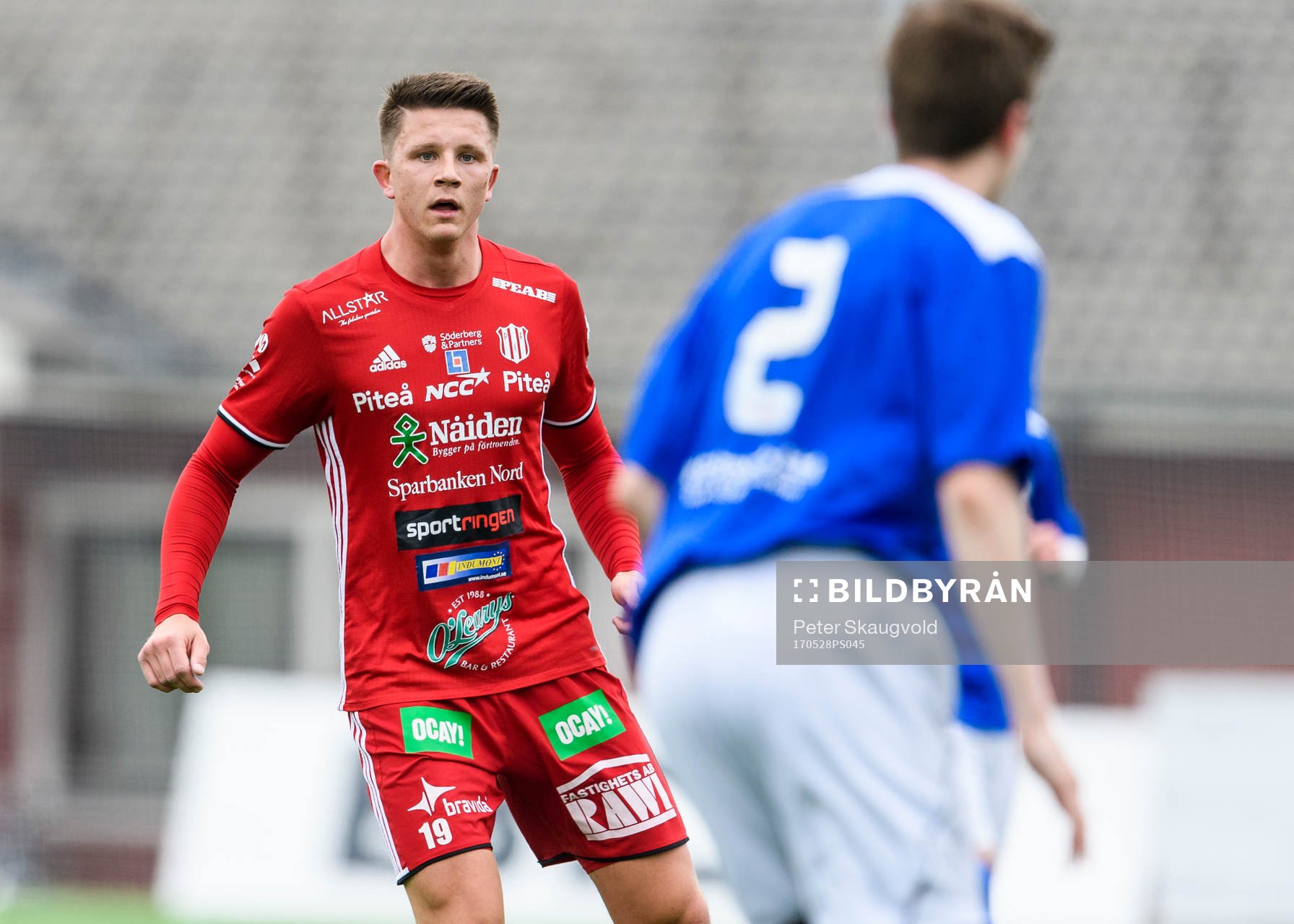 Piteås Joel Edström under fotbollsmatchen i Division 2 Norrland mellan Piteå och Härnösand den 28 Maj 2017 i Piteå.