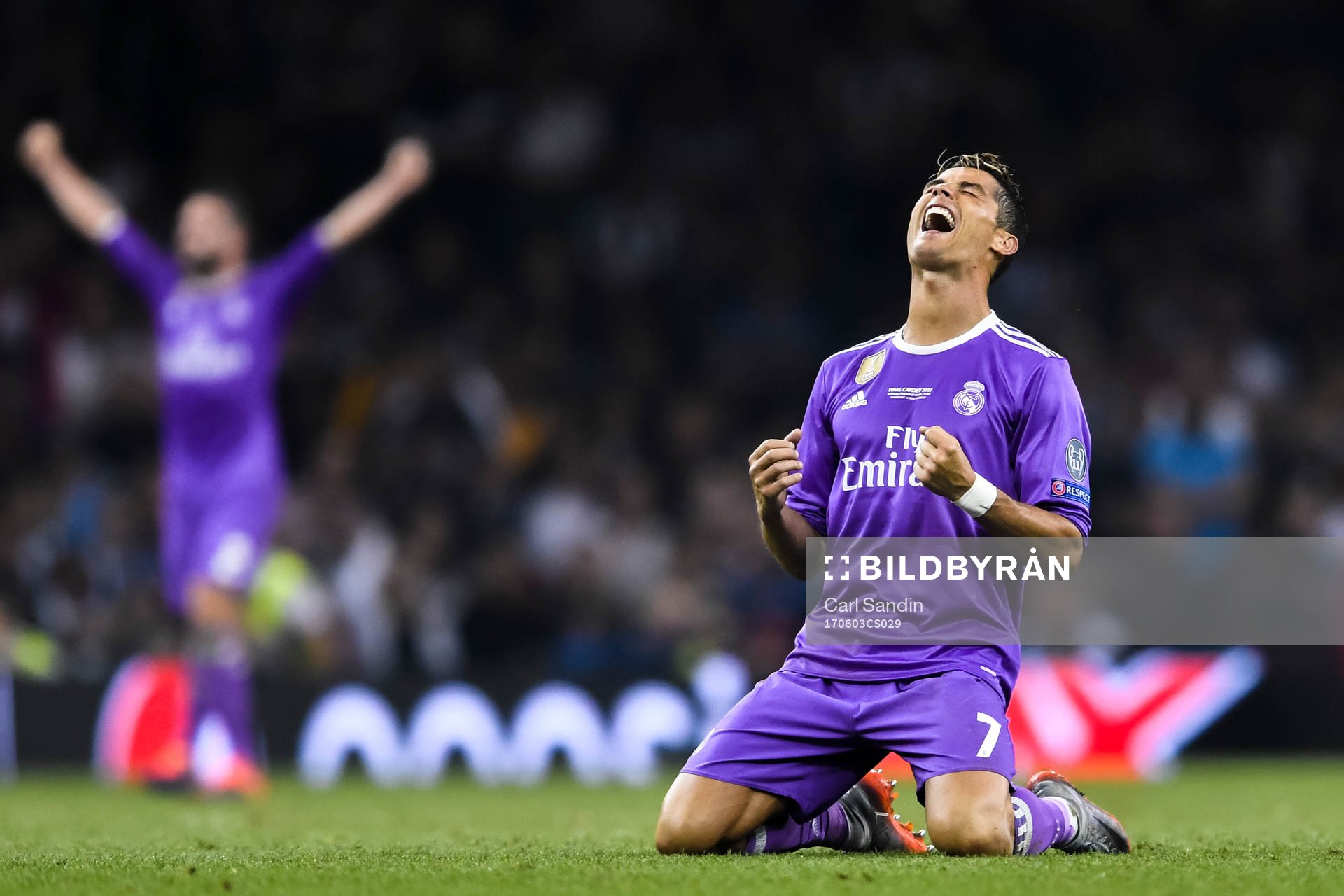 Real Madrids Cristiano Ronaldo jublar efter finalen i Champions League mellan Juventus och Real Madrid den 3 juni 2017 i Cardiff.