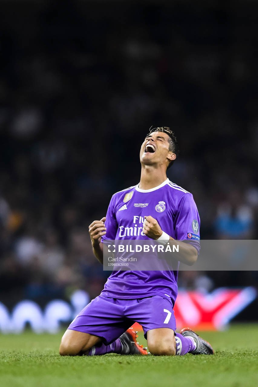 Real Madrids Cristiano Ronaldo jublar efter finalen i Champions League mellan Juventus och Real Madrid den 3 juni 2017 i Cardiff.