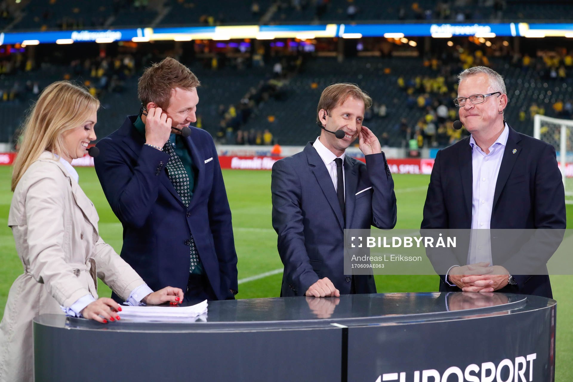 Eurosports studio med Karin Frick, Kim Källström, Simon Bank och Sveriges förbundskapten Janne Andersson efter fotbollsmatchen i VM-kvalet mellan Sverige och Frankrike den 9 juni 2017 i Stockholm.