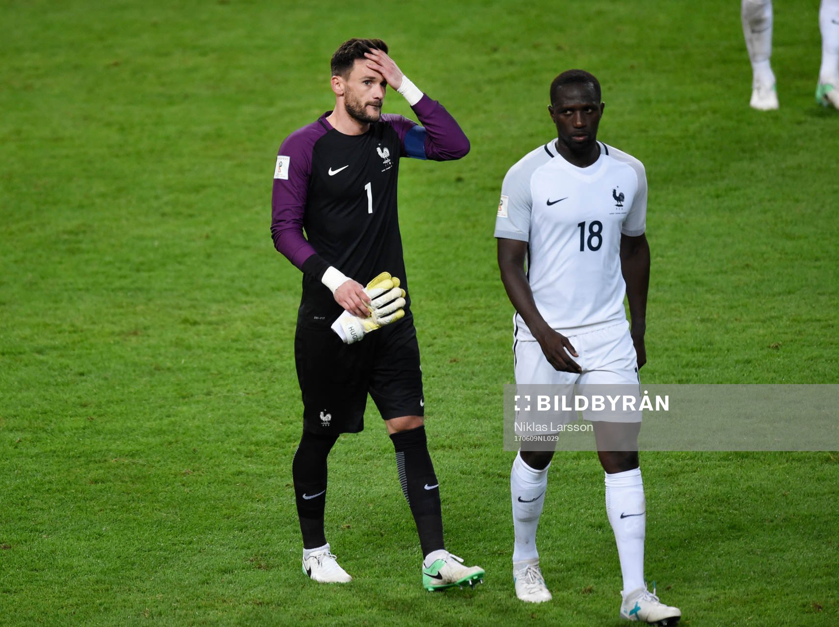 Frankrikes målvakt Hugo Lloris och Moussa Sissoko deppar
