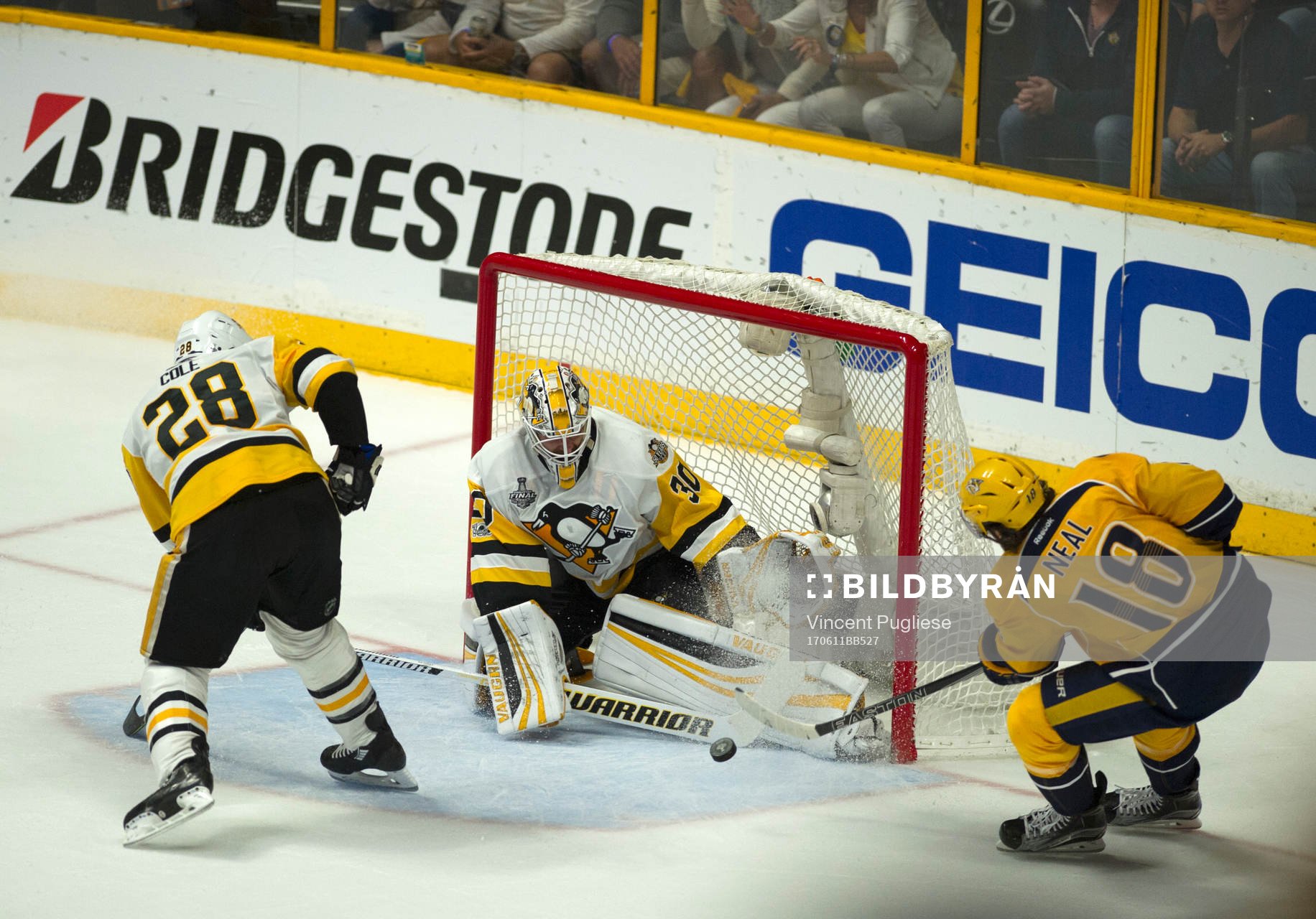 Pittsburgh Penguins goalie Matt Murray makes a save off of