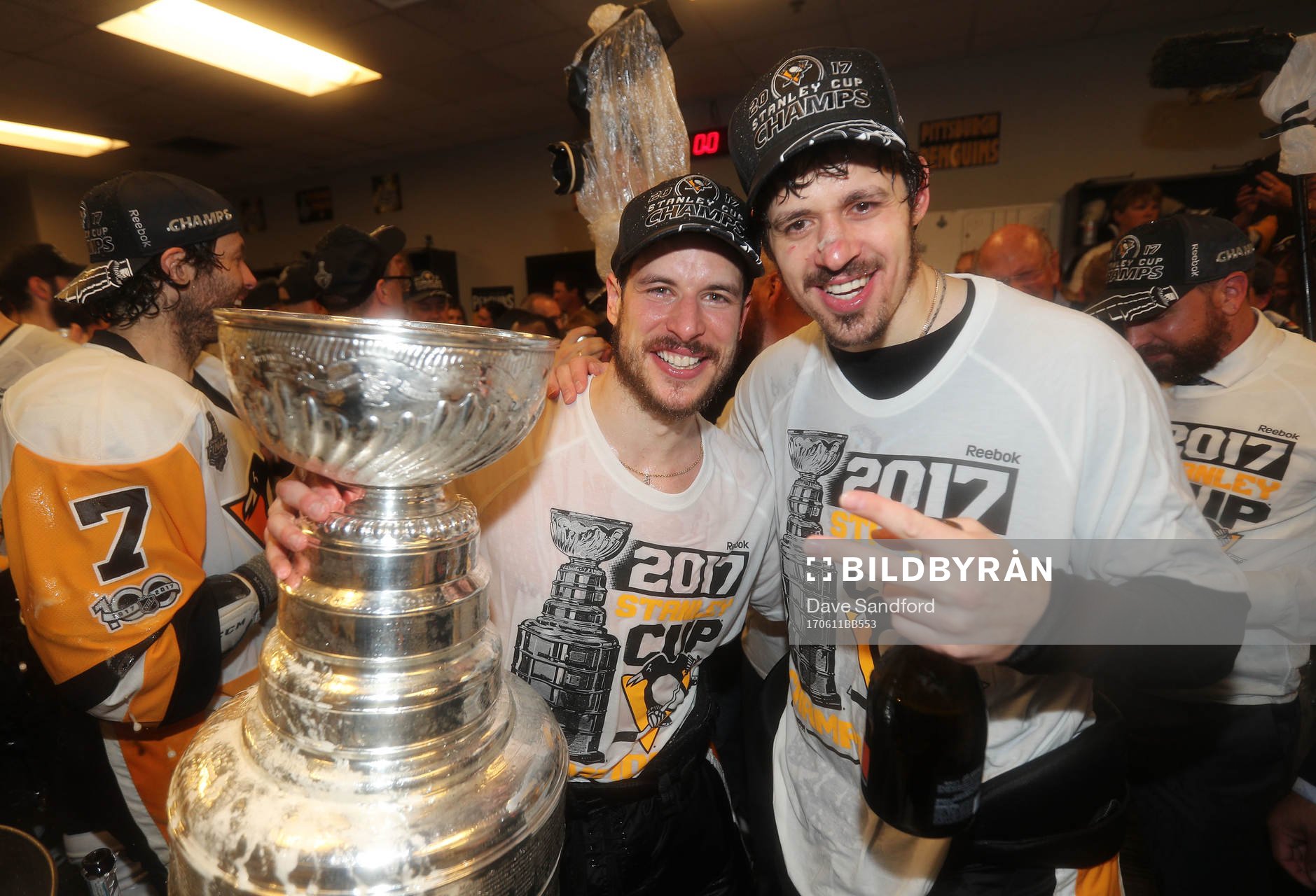 Captain Sidney Crosby #87 and Evgeni Malkin #71 of the