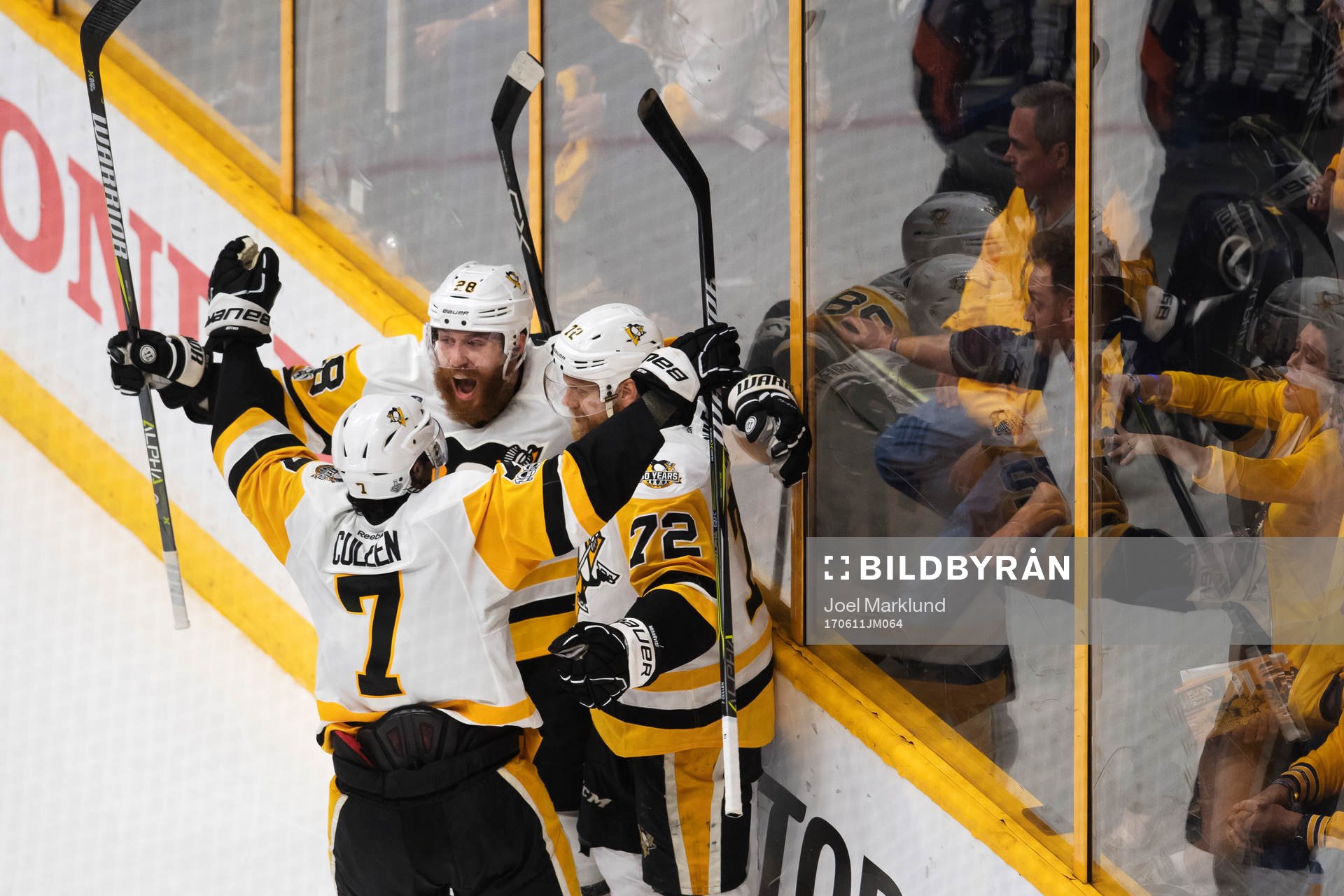 Pittsburghs Matt Cullen, Ian Cole och Patric Hörnqvist