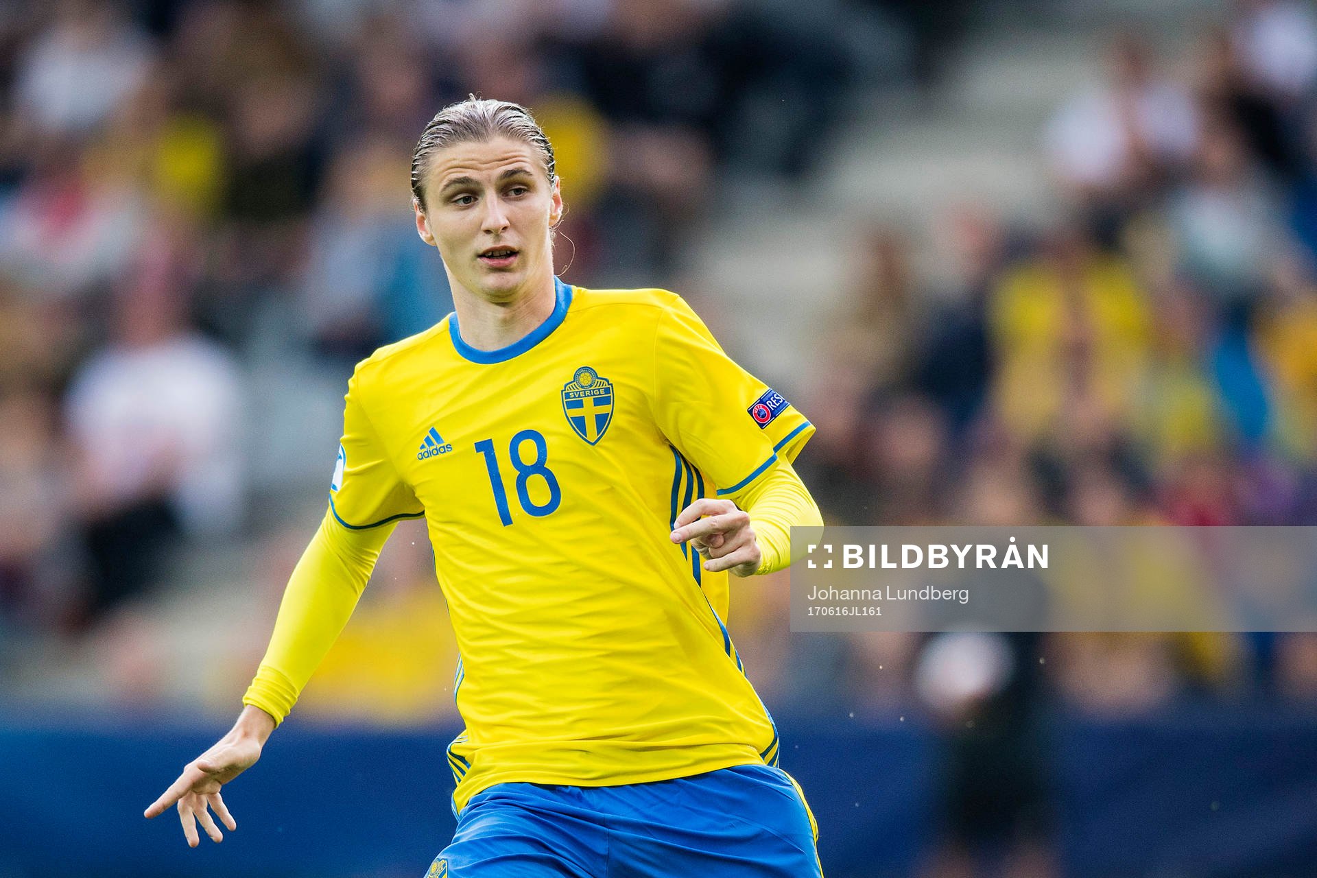 Sveriges Pawel Cibicki under fotbollsmatchen i U21-EM mellan Sverige och England den 16 juni 2017 i Kielce.